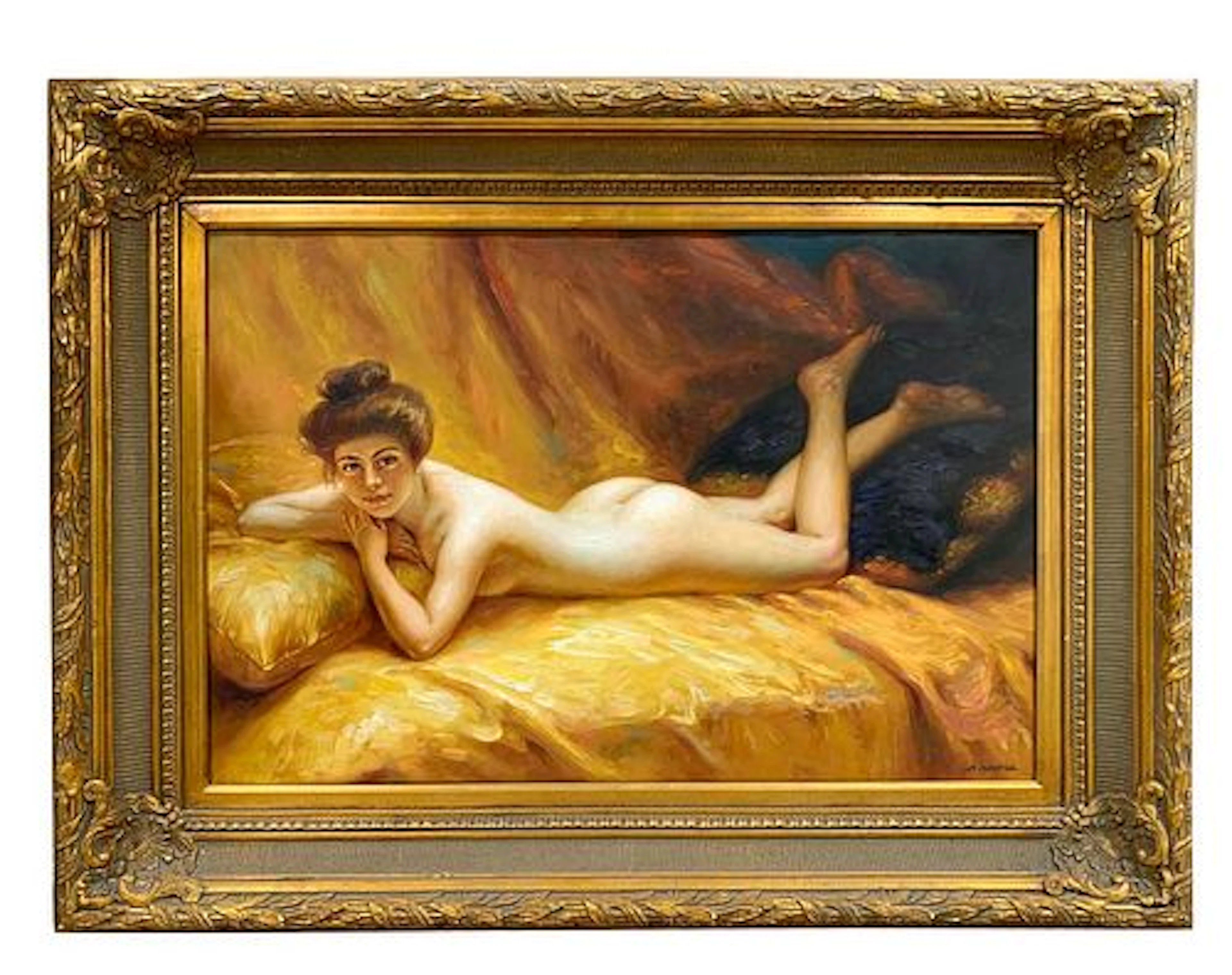 Naked Lady Lying Down, A. Akotiob Signed Oil On Canvas Painting