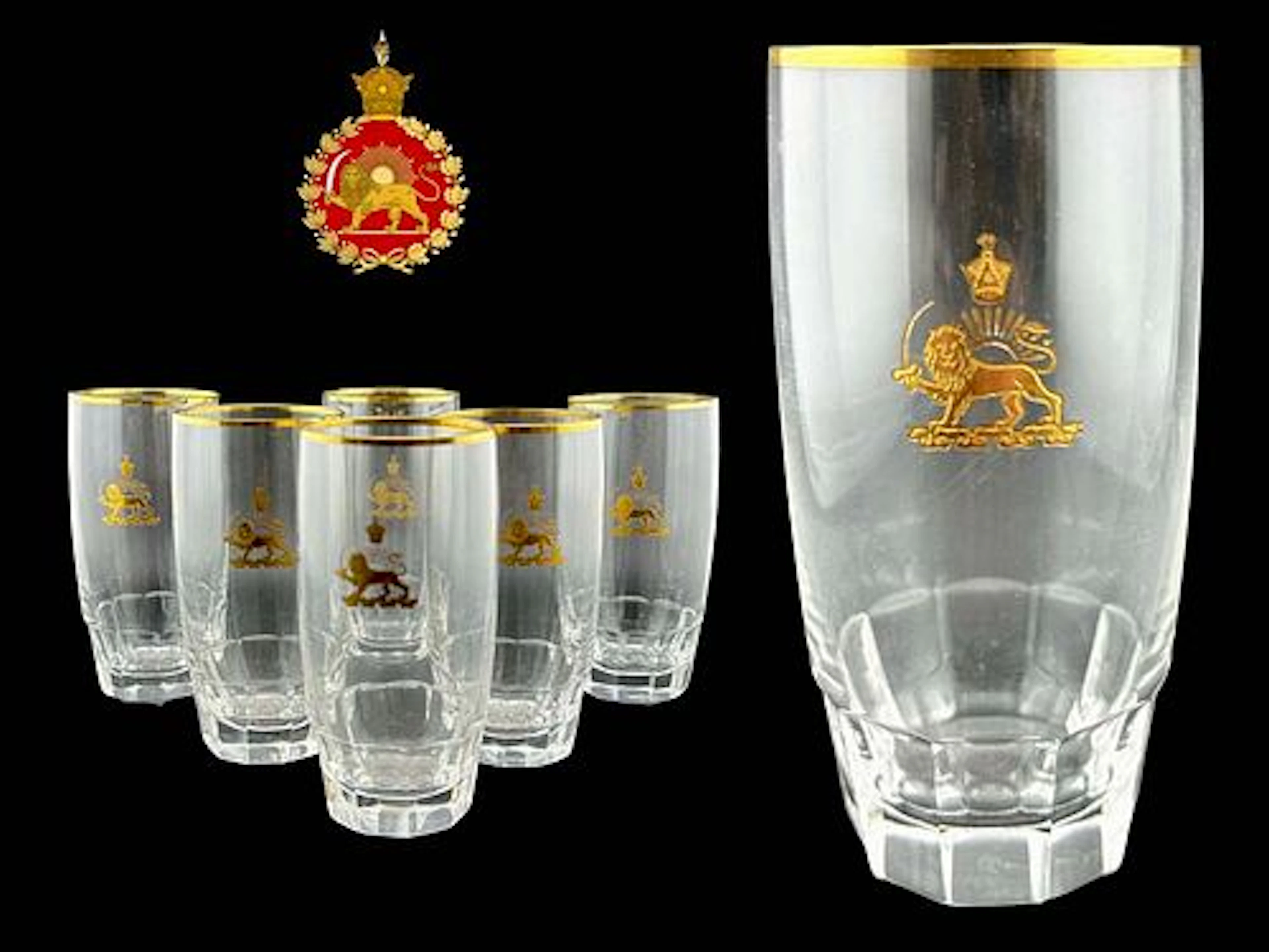 Iran Persian Pahlavi Set of 6 French Attributed Baccarat Lion & Sun