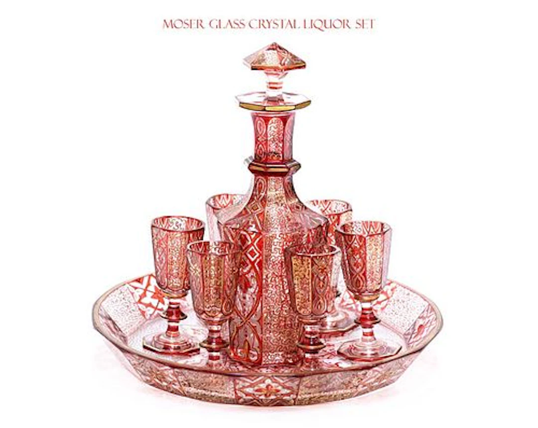 19th Century Moser Glass Crystal Liquor Set (8 Pieces)