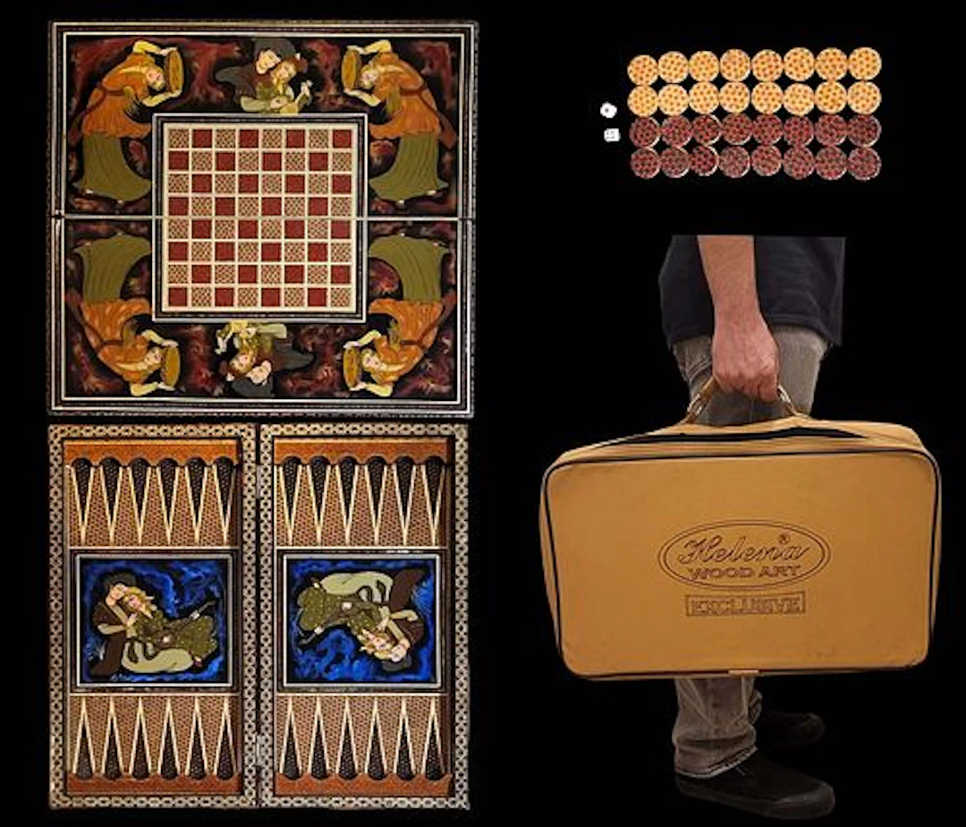 A Persian Shiraz Khatam Inlayed Hand Painted Backgammon Set In Bag