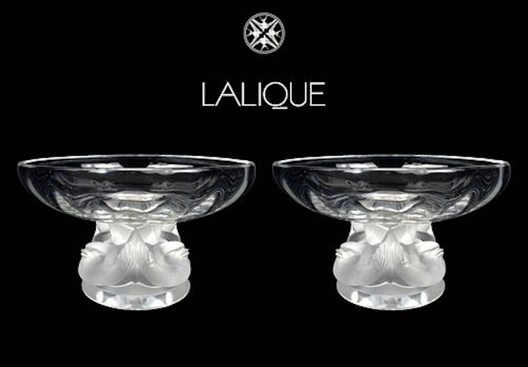 A Pair of LALIQUE Crystal Sparrow Figural Stand Candy Dish/Bowls, Signed