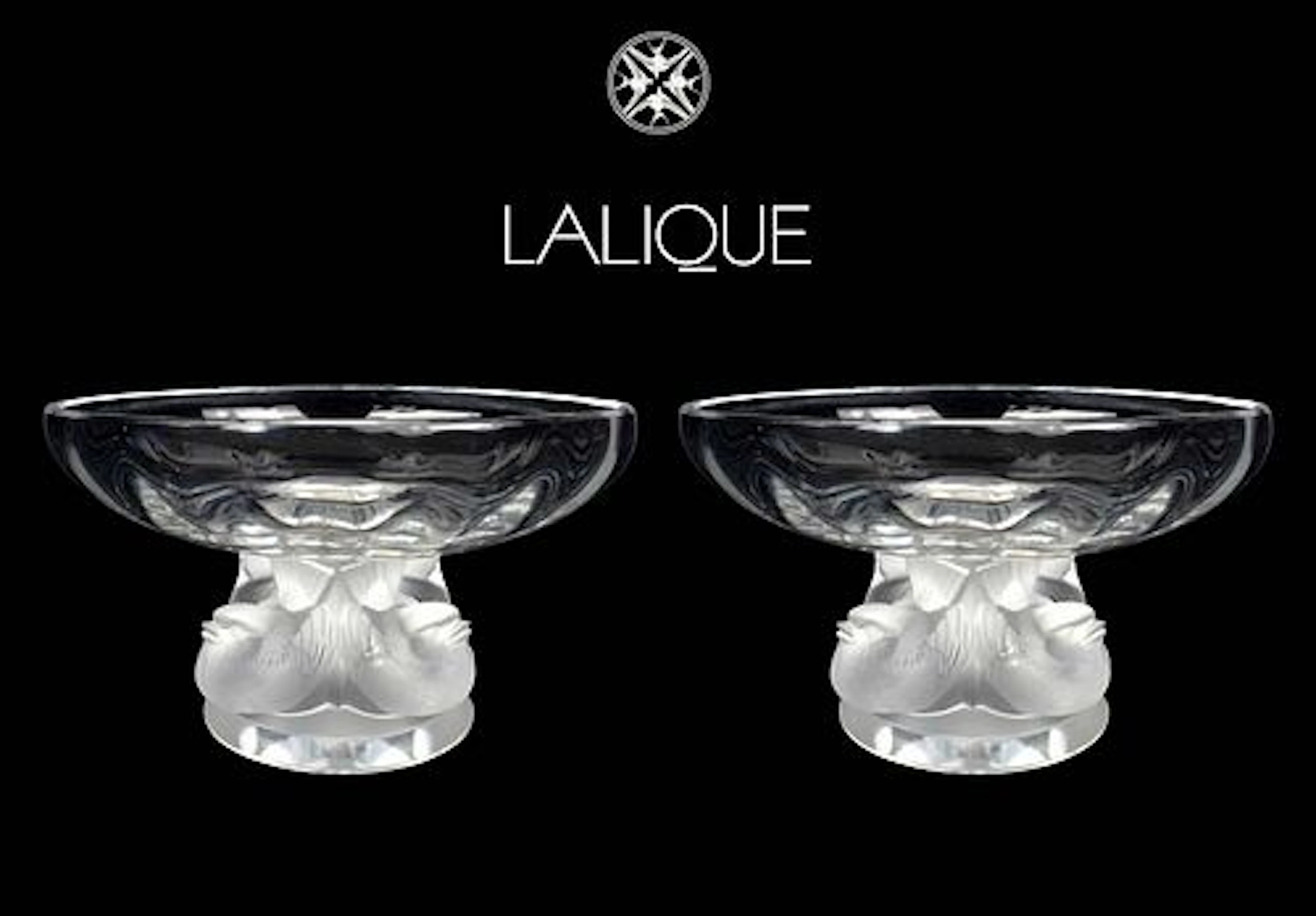 A Pair of LALIQUE Crystal Sparrow Figural Stand Candy Dish/Bowls, Signed