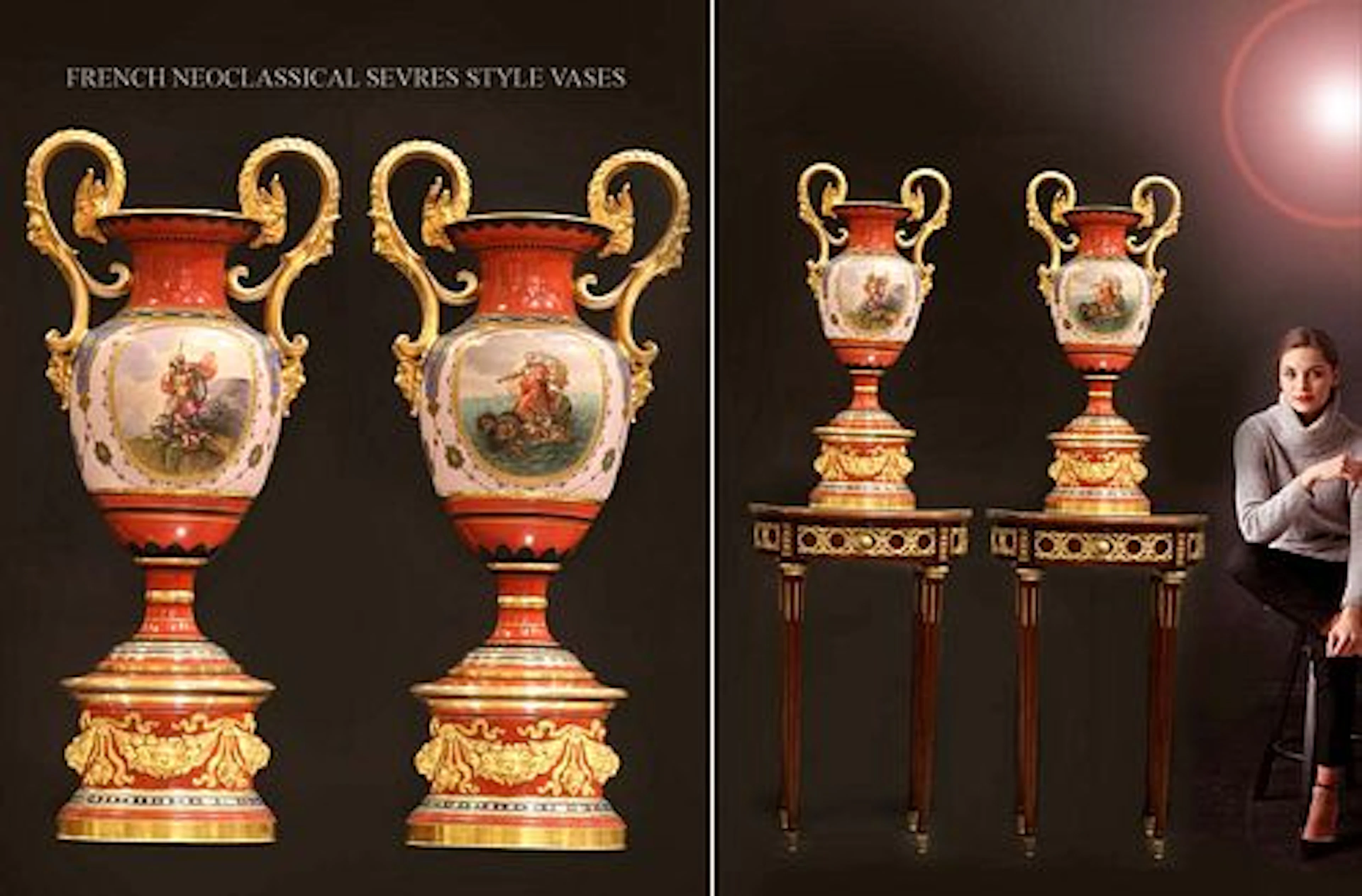 Large Pair Of 19th C. French Hand Painted Porcelain Vases