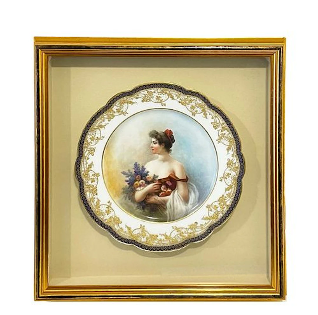 19th C. Hand Painted Porcelain Framed Decorative Wall Plate
