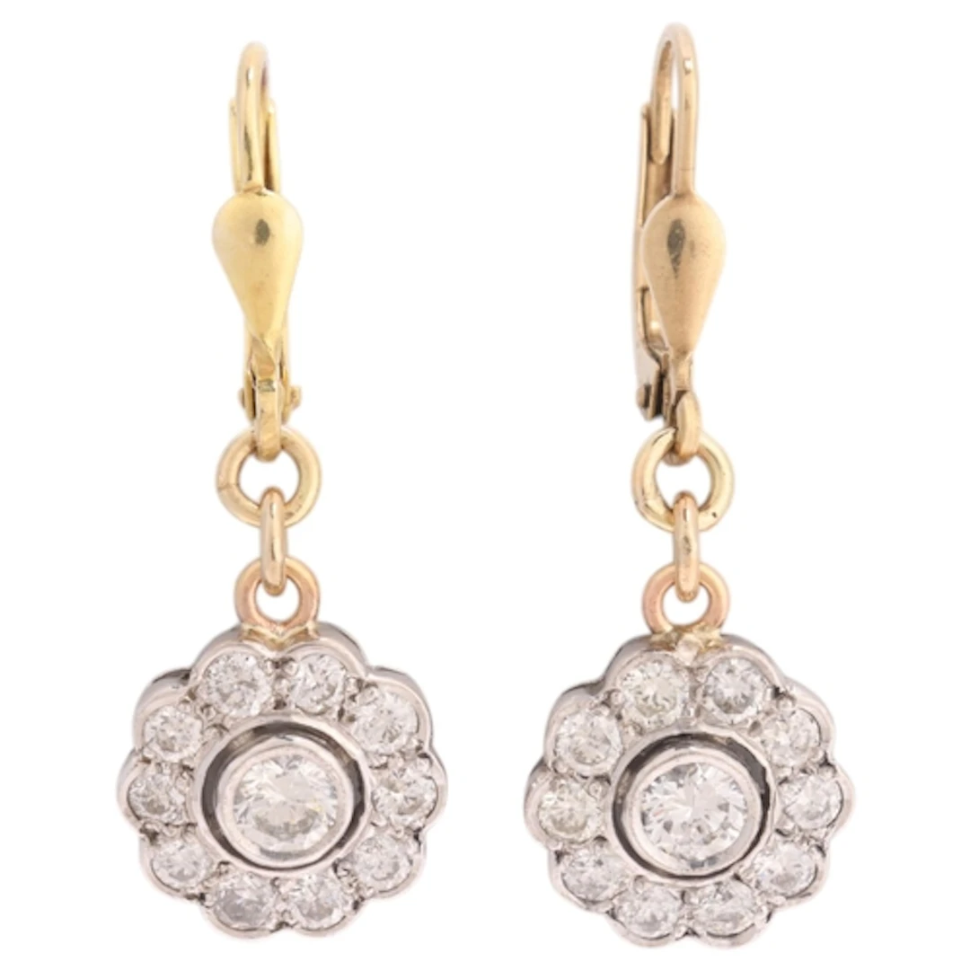 A pair of 9ct two-colour gold diamond flowerhead cluster dro...