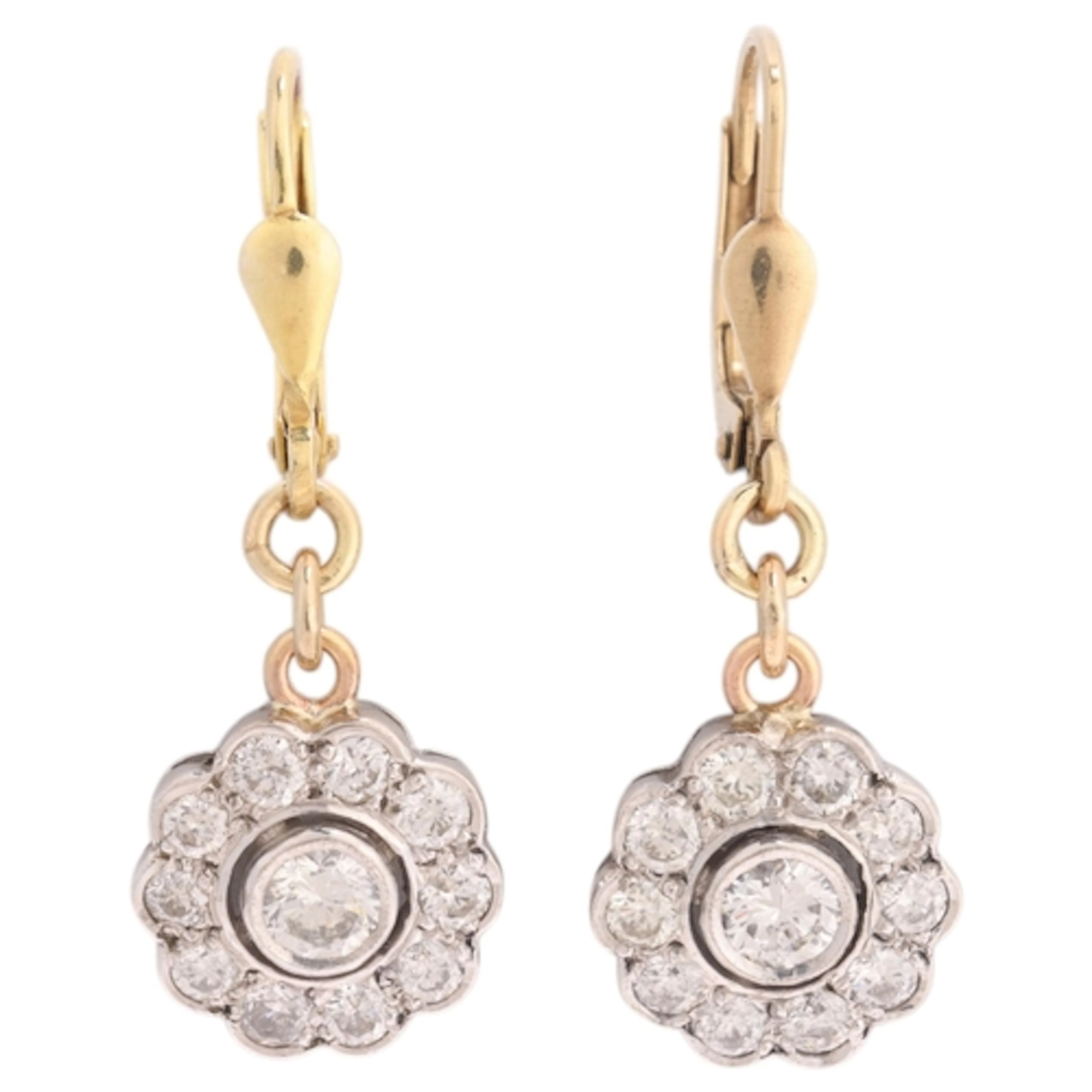 A pair of 9ct two-colour gold diamond flowerhead cluster dro...