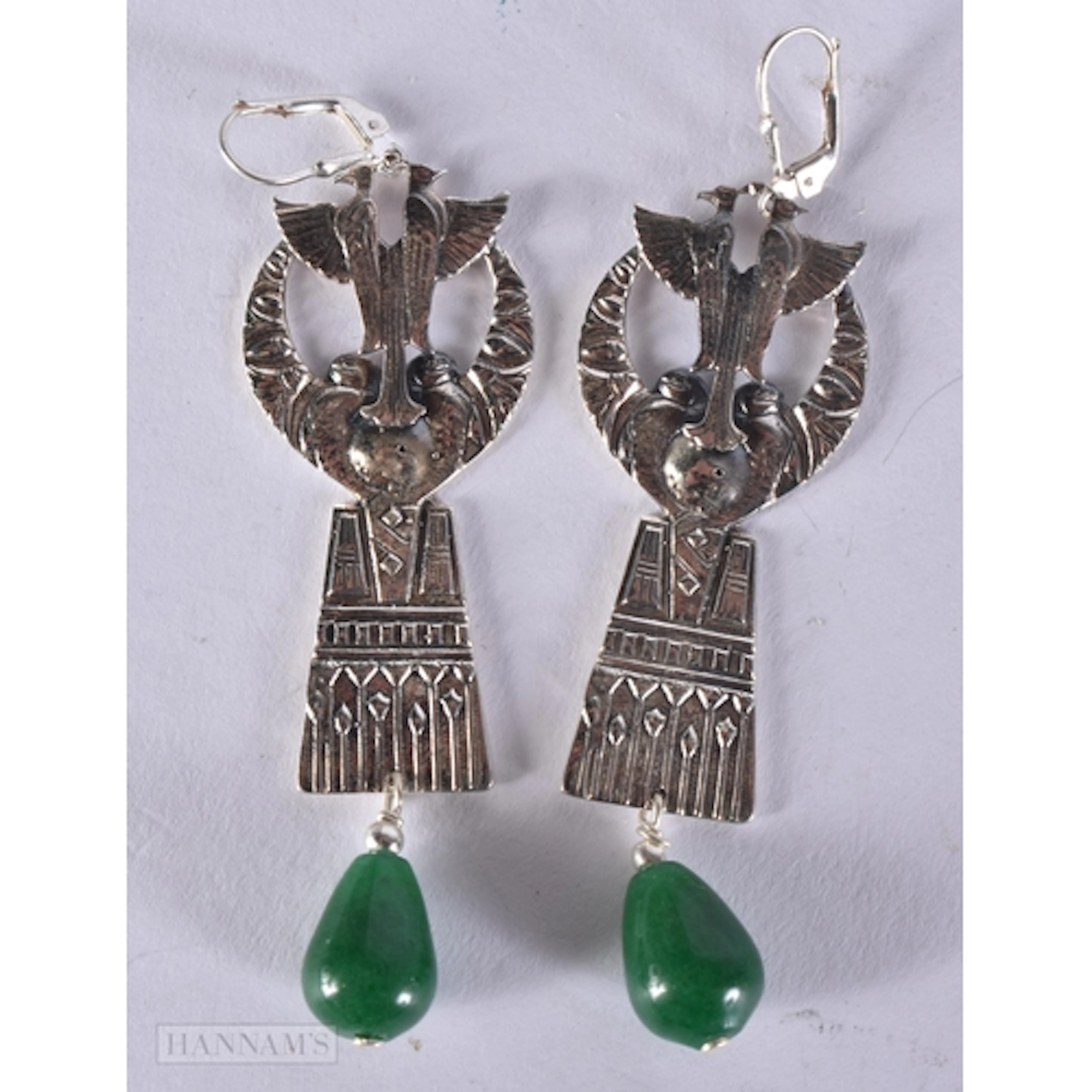 A PAIR OF SILVER AND JADE EGYPTIAN REVIVAL EARRINGS. 8.7 x 2...