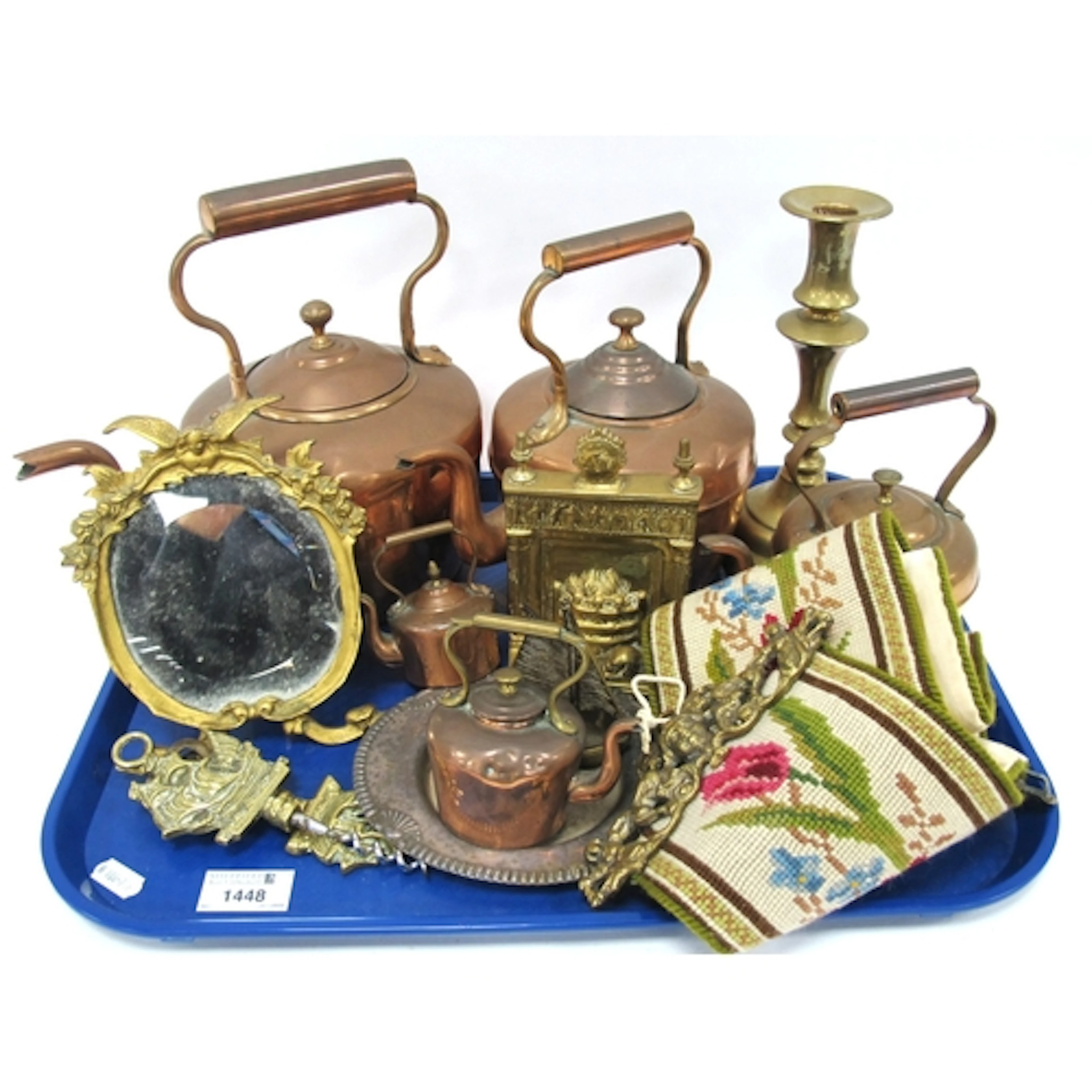 Five Copper Kettles of Varying Sizes, brass model fireplace,...