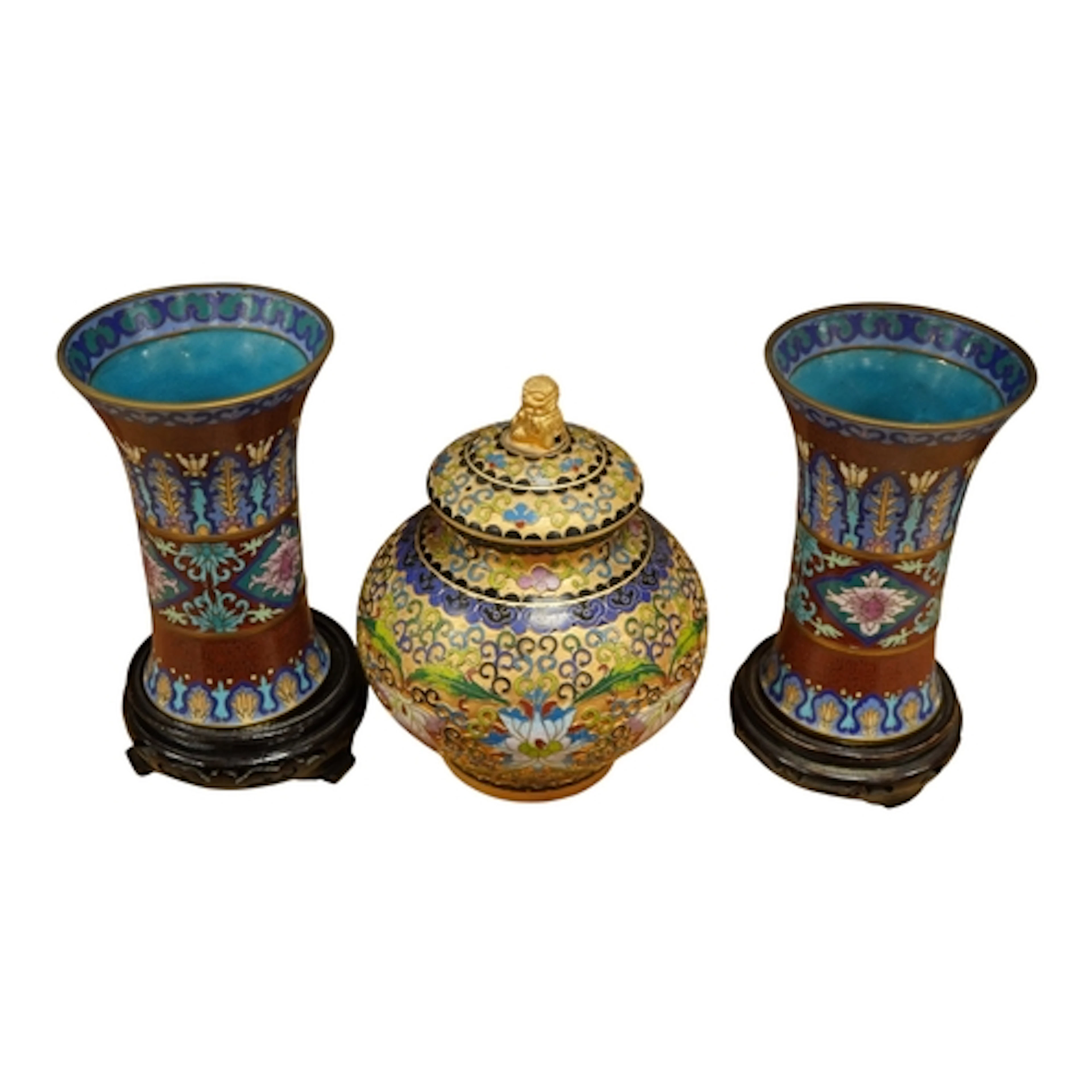 A pair of modern Chinese cloisonne vases with wood stands, h...
