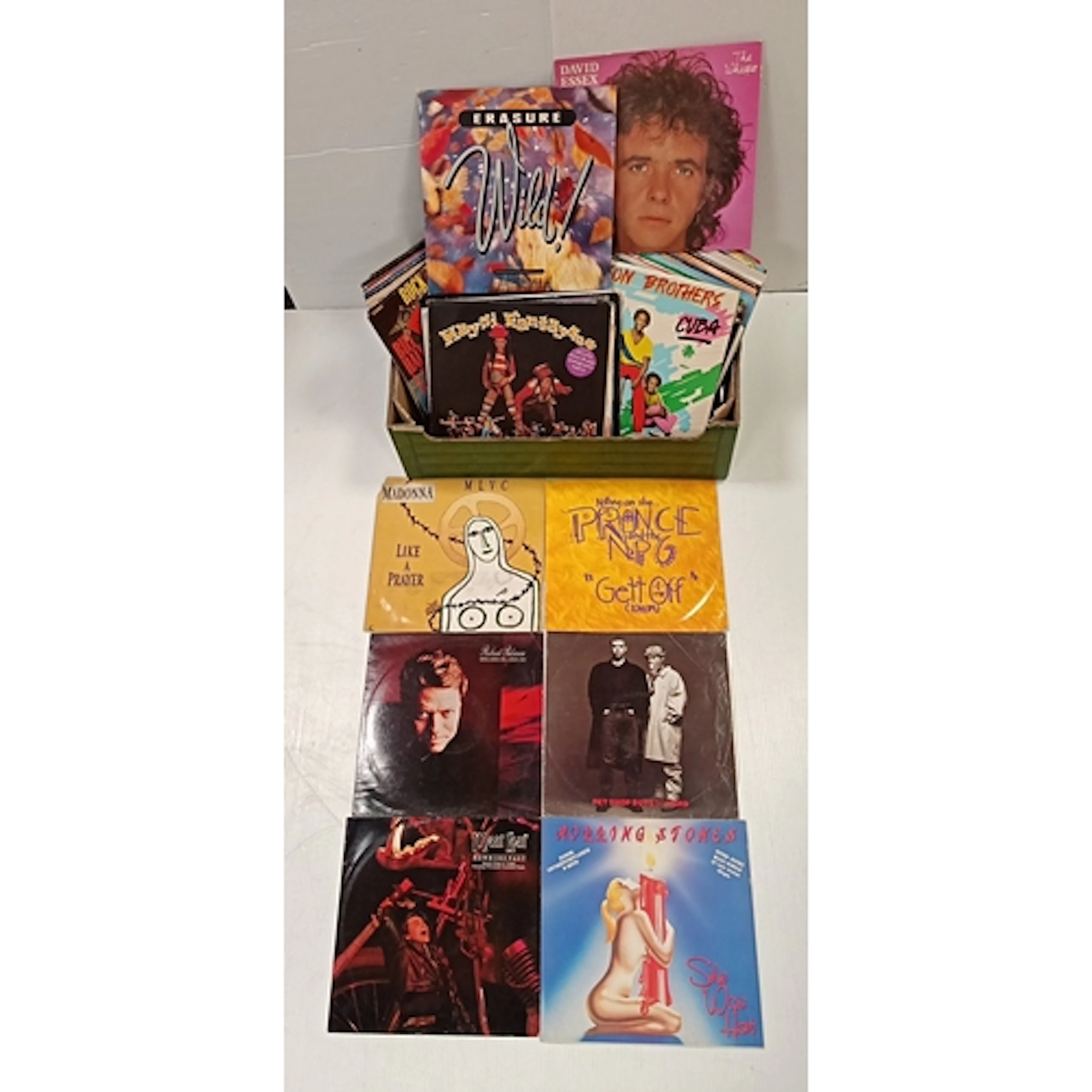 Box of assorted pop and rock vinyl records, including Erasur...