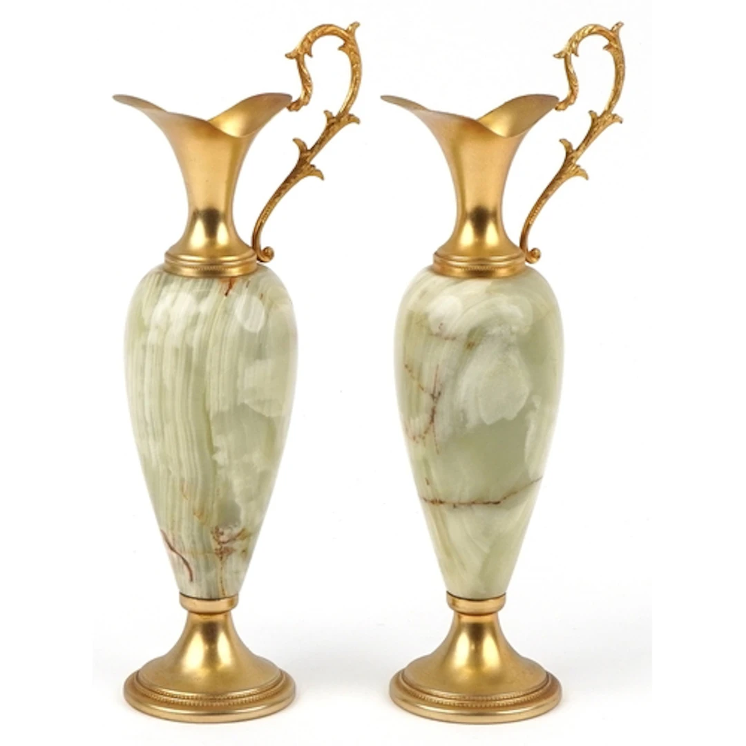 Pair of large Italian style green onyx amphora vases, each w...