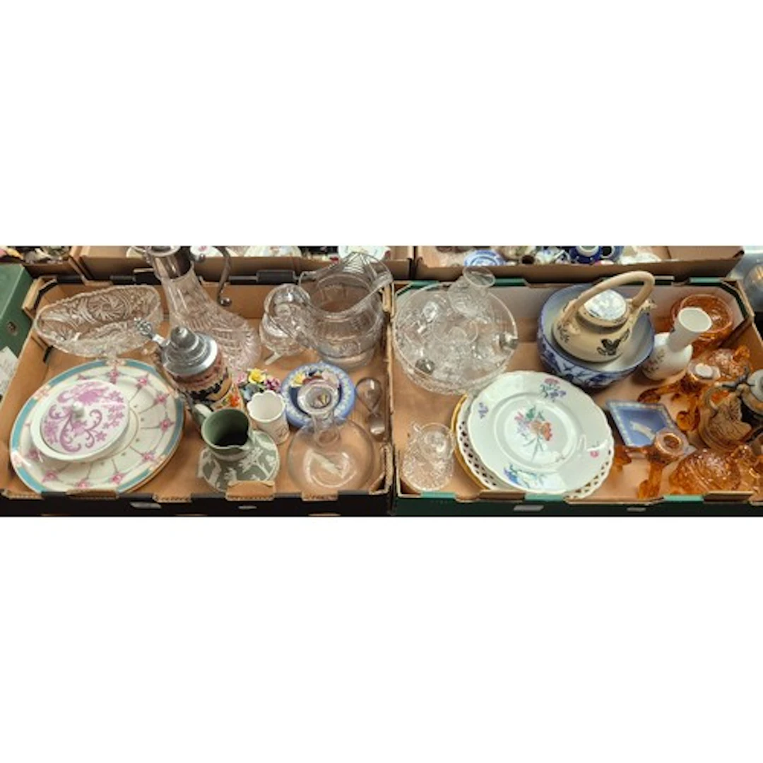 2 boxes of ceramics and glass to include Wedgwood Pink Tapes...