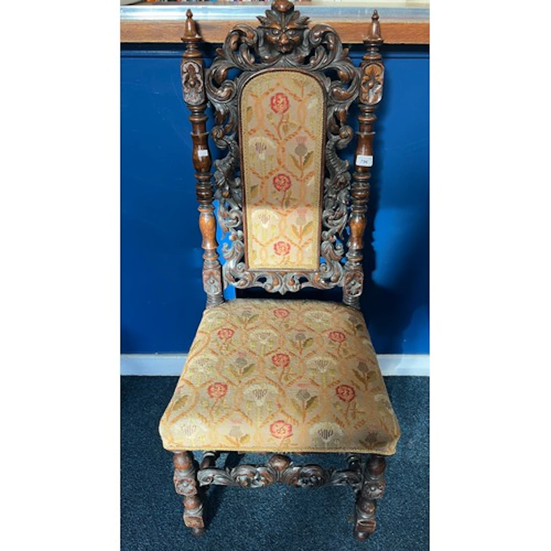 19th Century Jacobean style carved high back chair with flor...