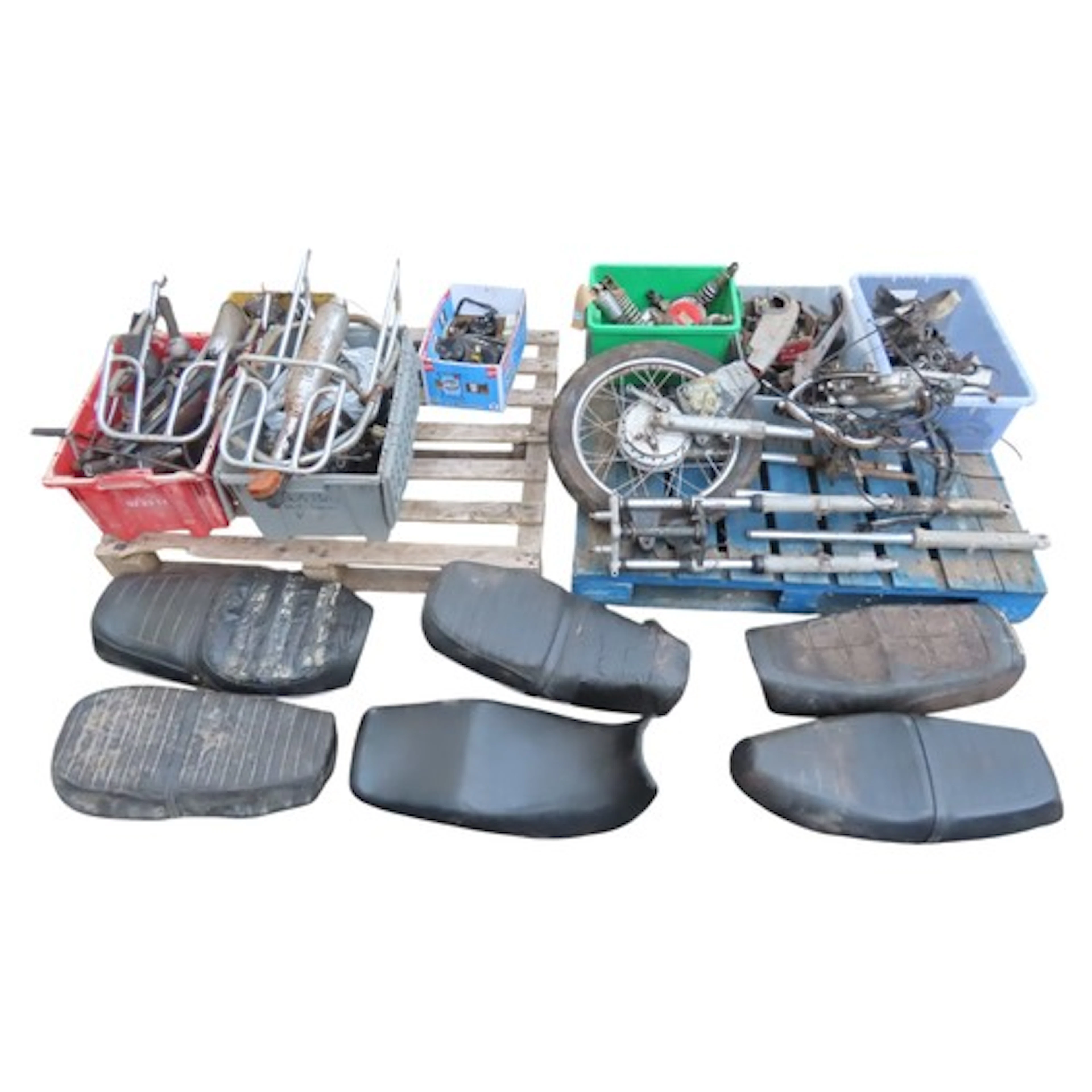A pallet containing a large quantity of motorcycle spares