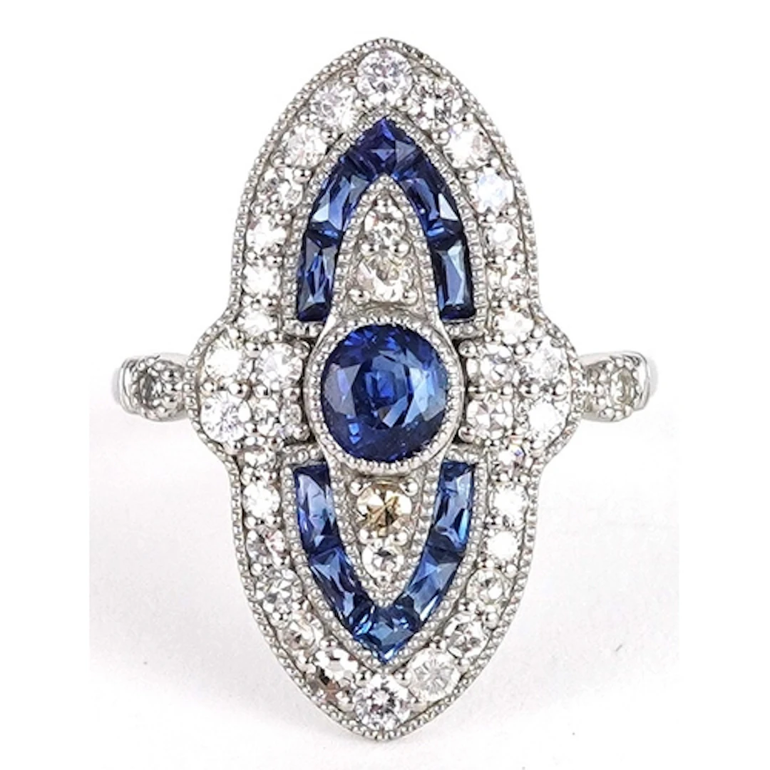 Art Deco style platinum marquise shaped sapphire and diamond...