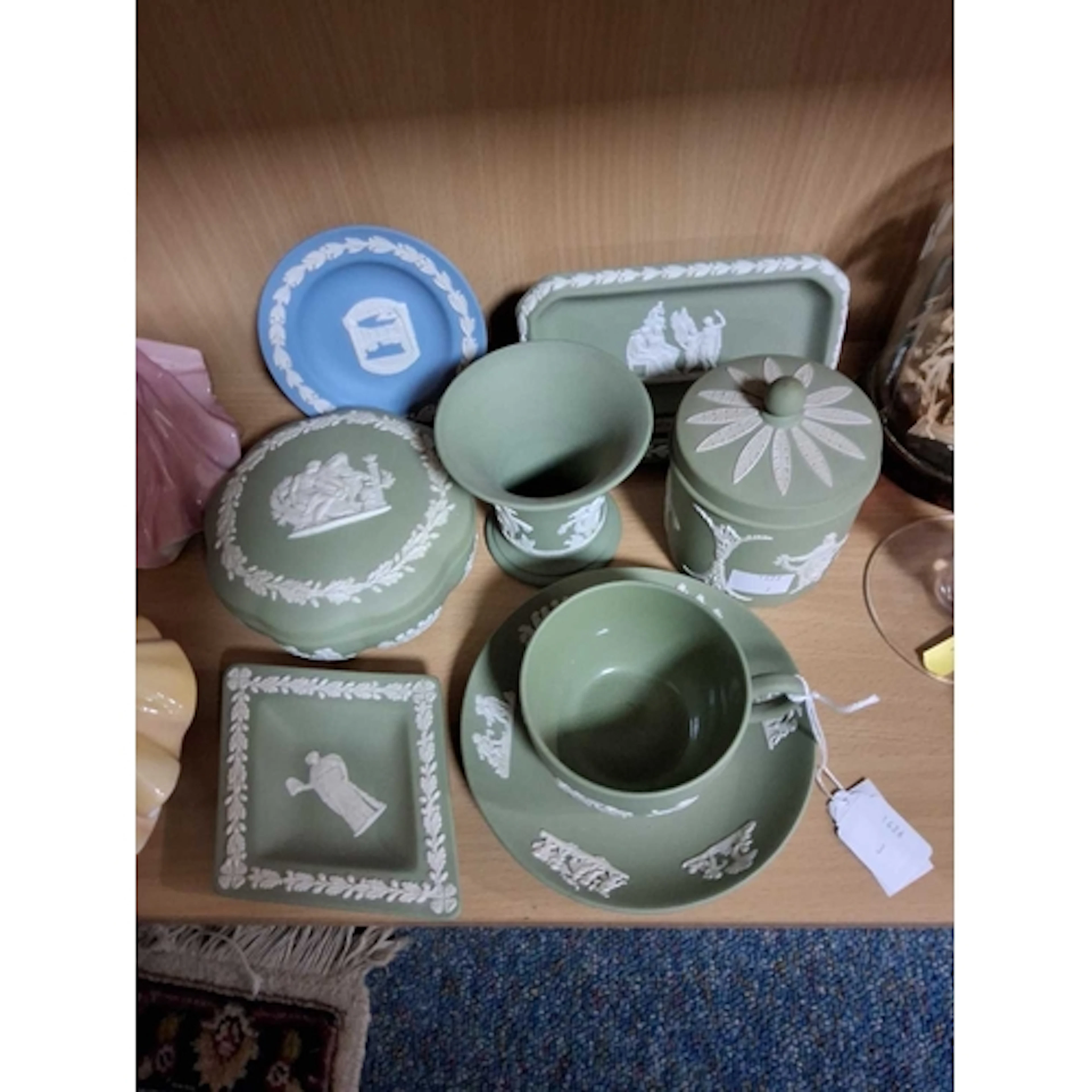 A SMALL GROUP OF MOSTLY SAGE GREEN WEDGWOOD JASPERWARE PIECE...