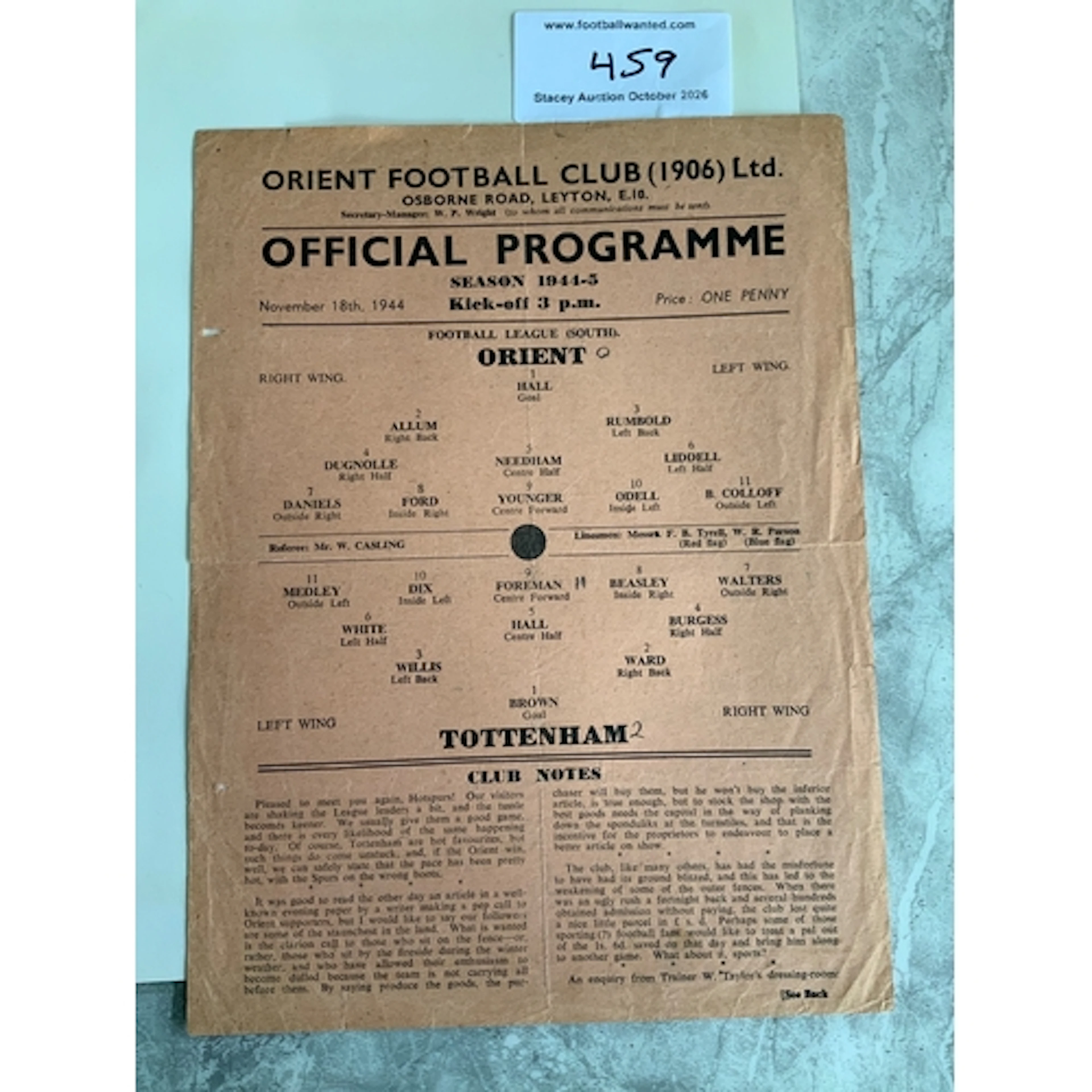 44/45 Orient v Tottenham Football Programme: Good condition ...