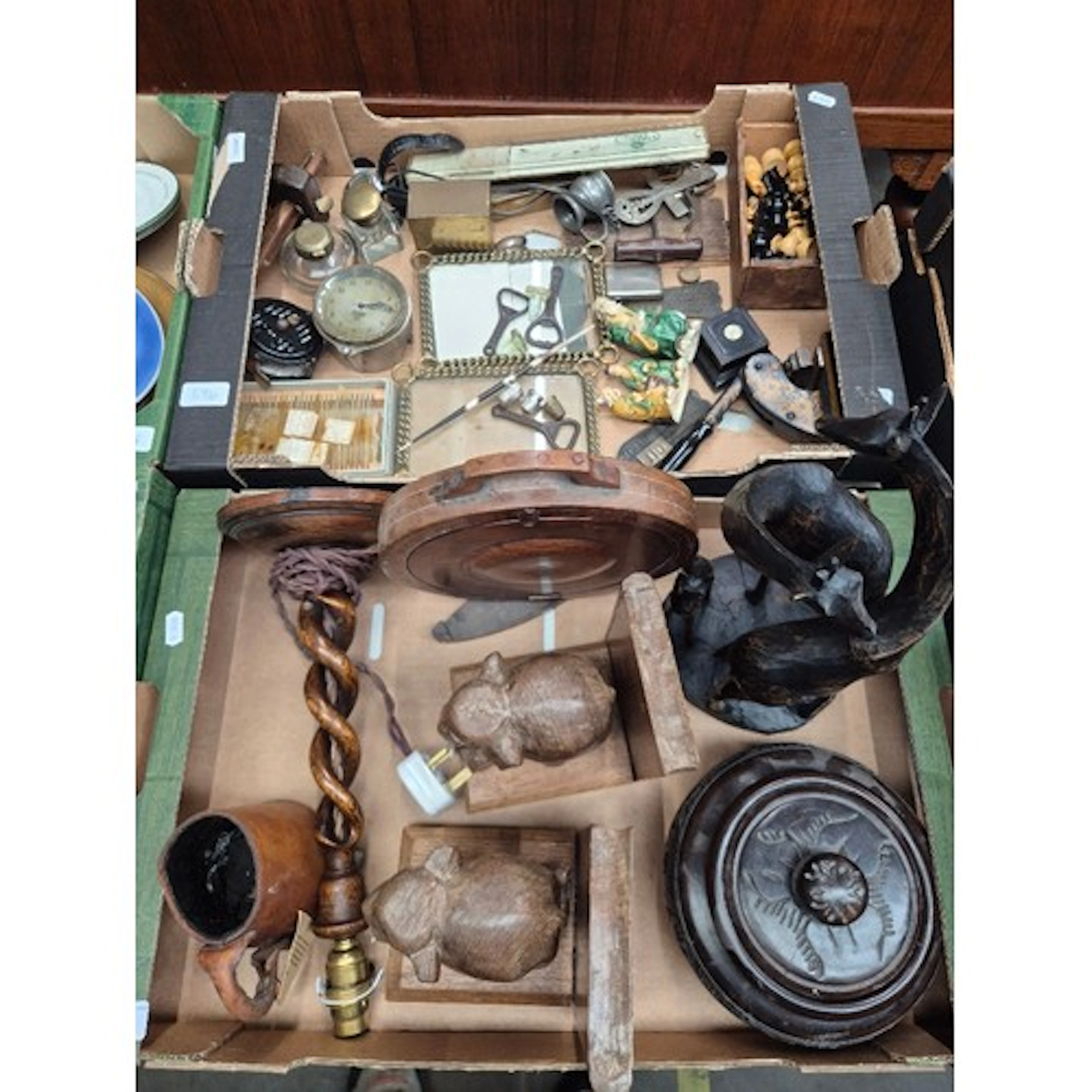 2 boxes of collectables including treen, animal figures, boo...