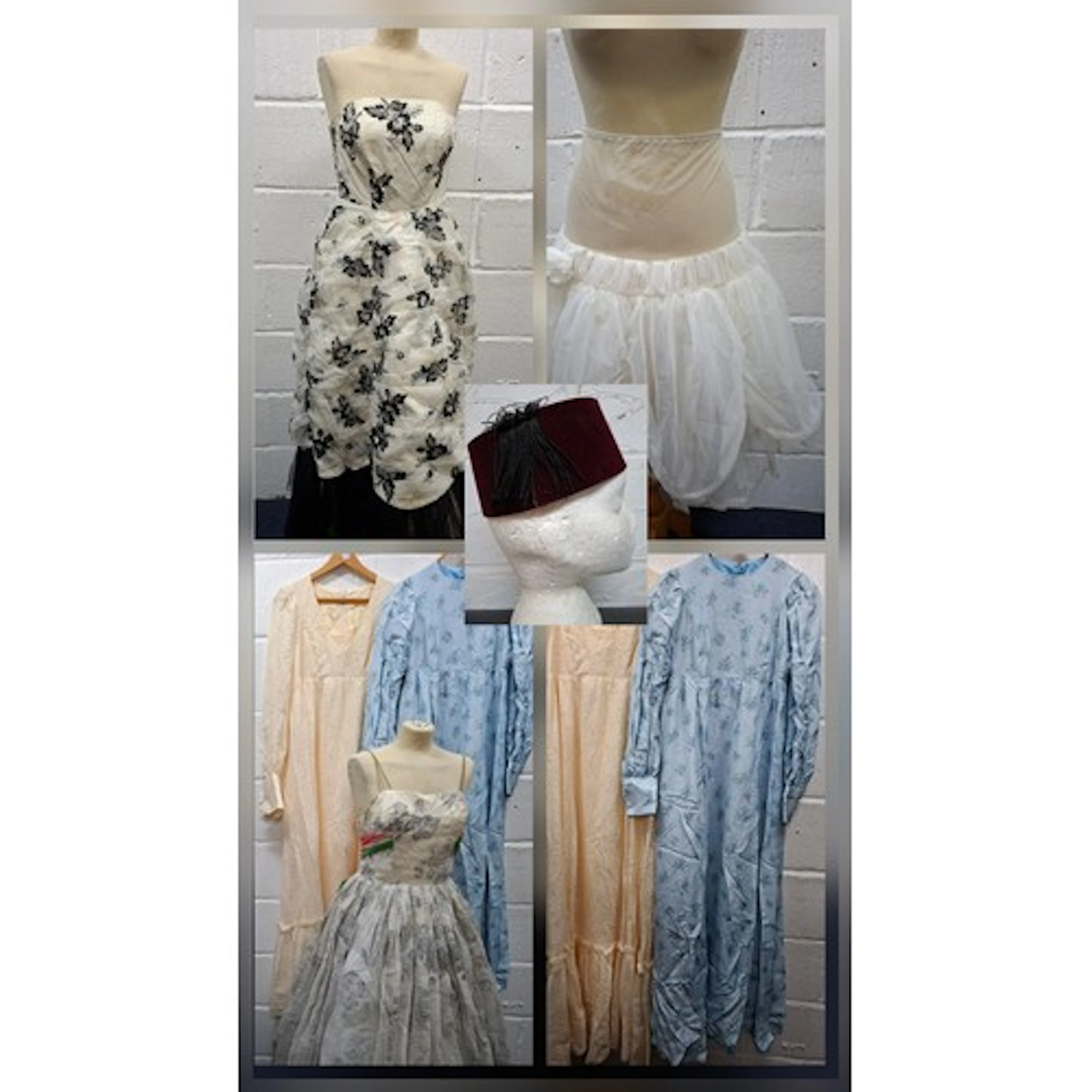 Two mid 20th Century white gowns, one tea length with grey r...