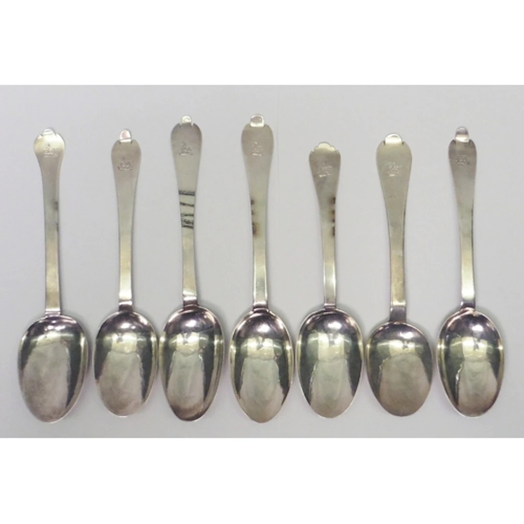 A harlequin set of seven late 17th century Stuart silver tre...