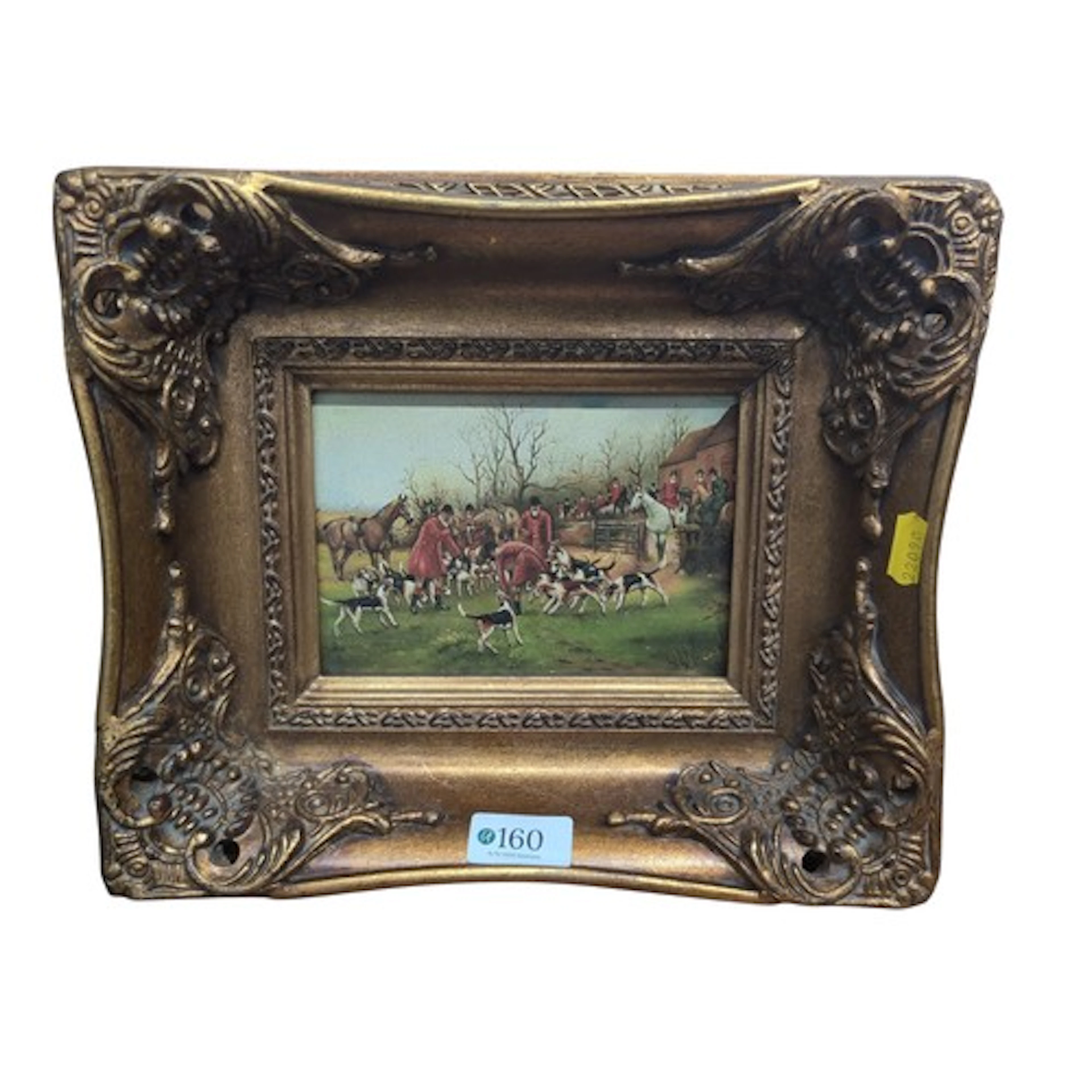 Ornate gilt frame containing small print of hunting scene. W...