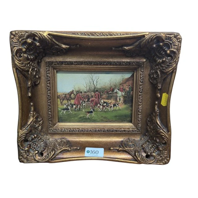 Ornate gilt frame containing small print of hunting scene. W...
