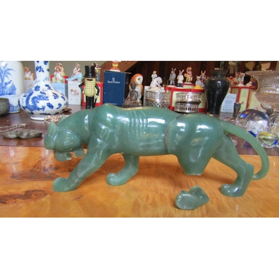 Carved Jade Figure of Leopard with Ruby Inset Eyes Approxima...