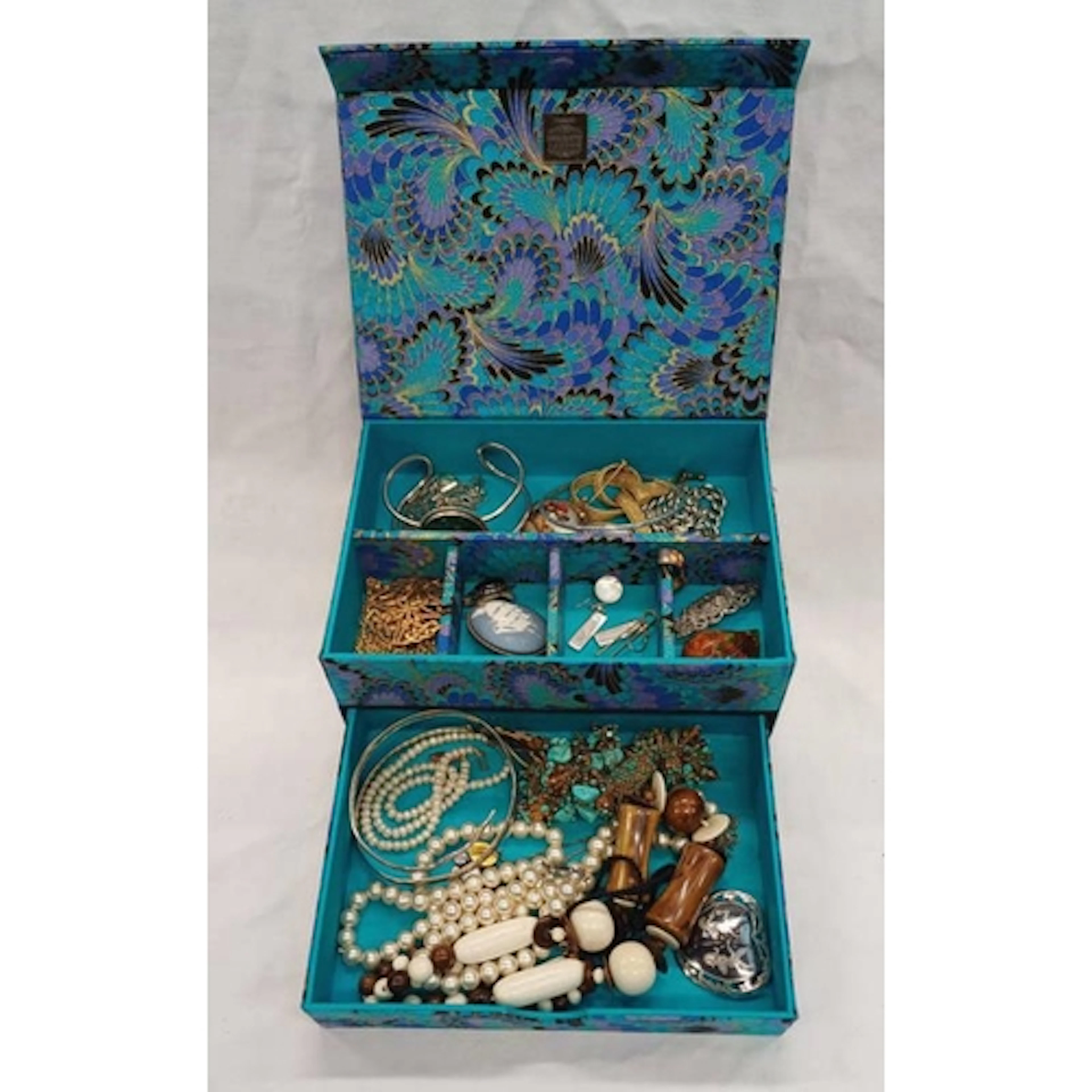 BLUE JEWELLERY BOX WITH FUTURA WRIST WATCH, ARTS & CRAFTS BA...