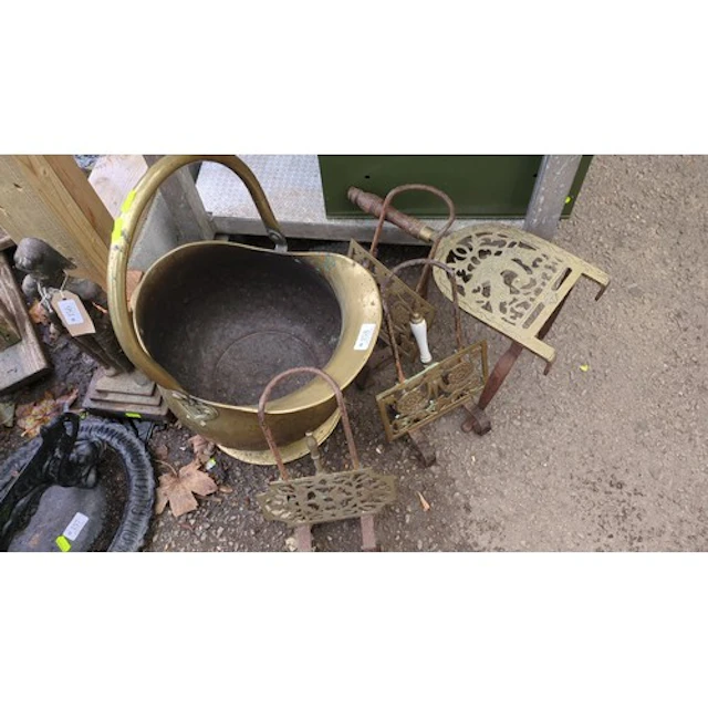 A brass coal bucket with swing handle, together with a group...