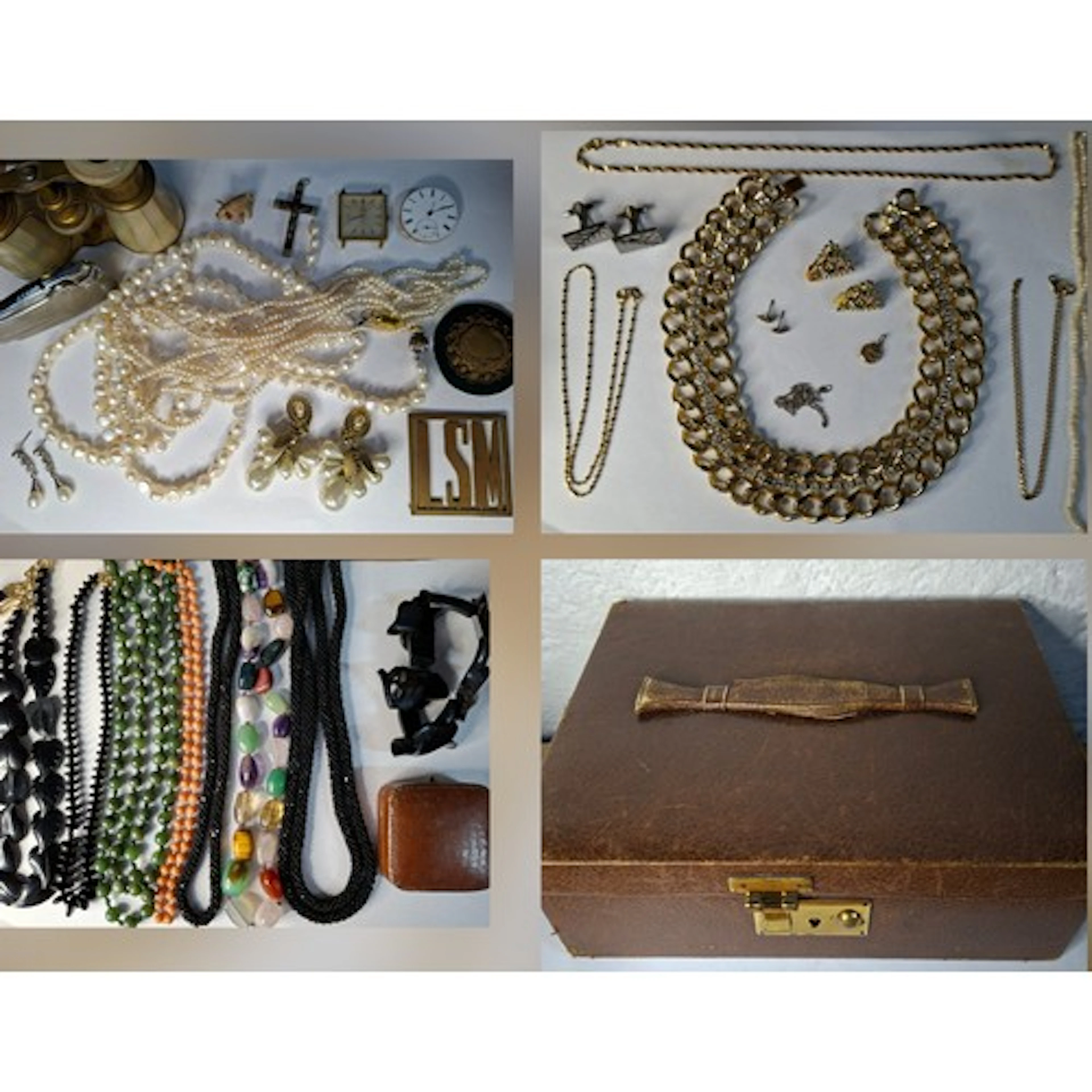 A vintage brown leather London Made jewellery box and conten...