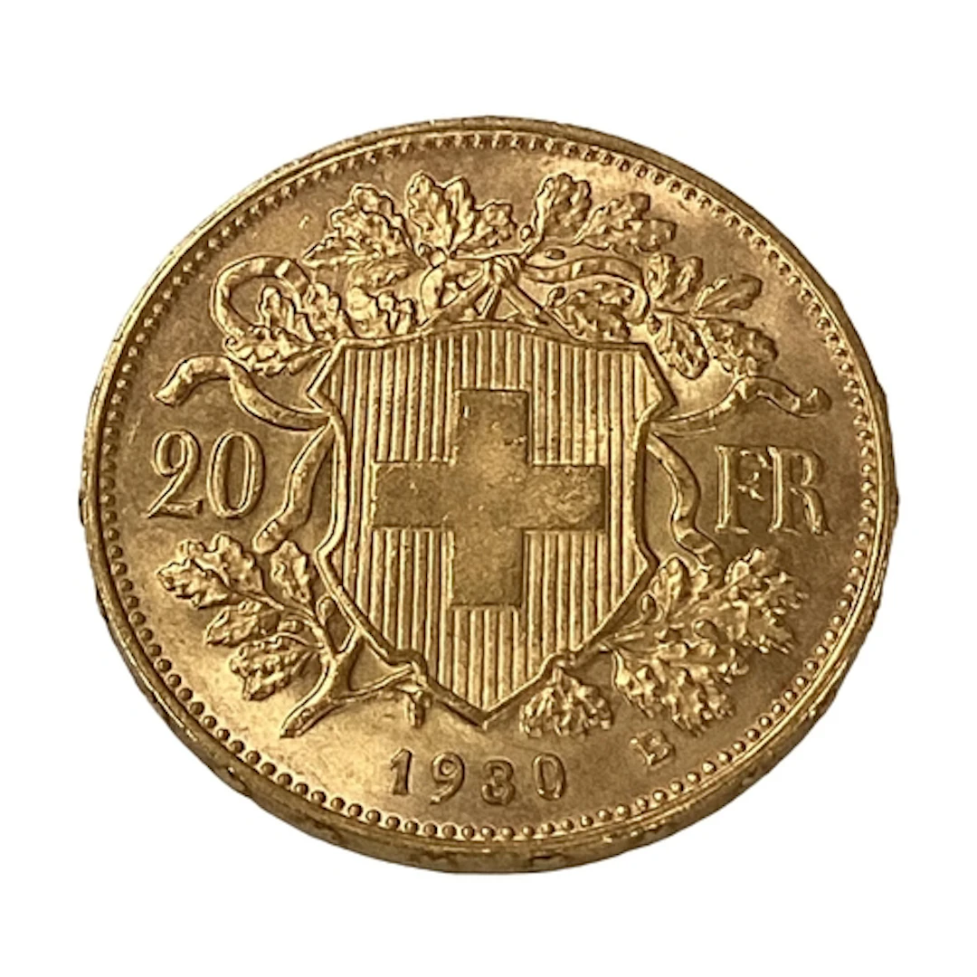 1930 Swiss Gold Twenty Francs 'Vreneli' Coin, with twenty tw...