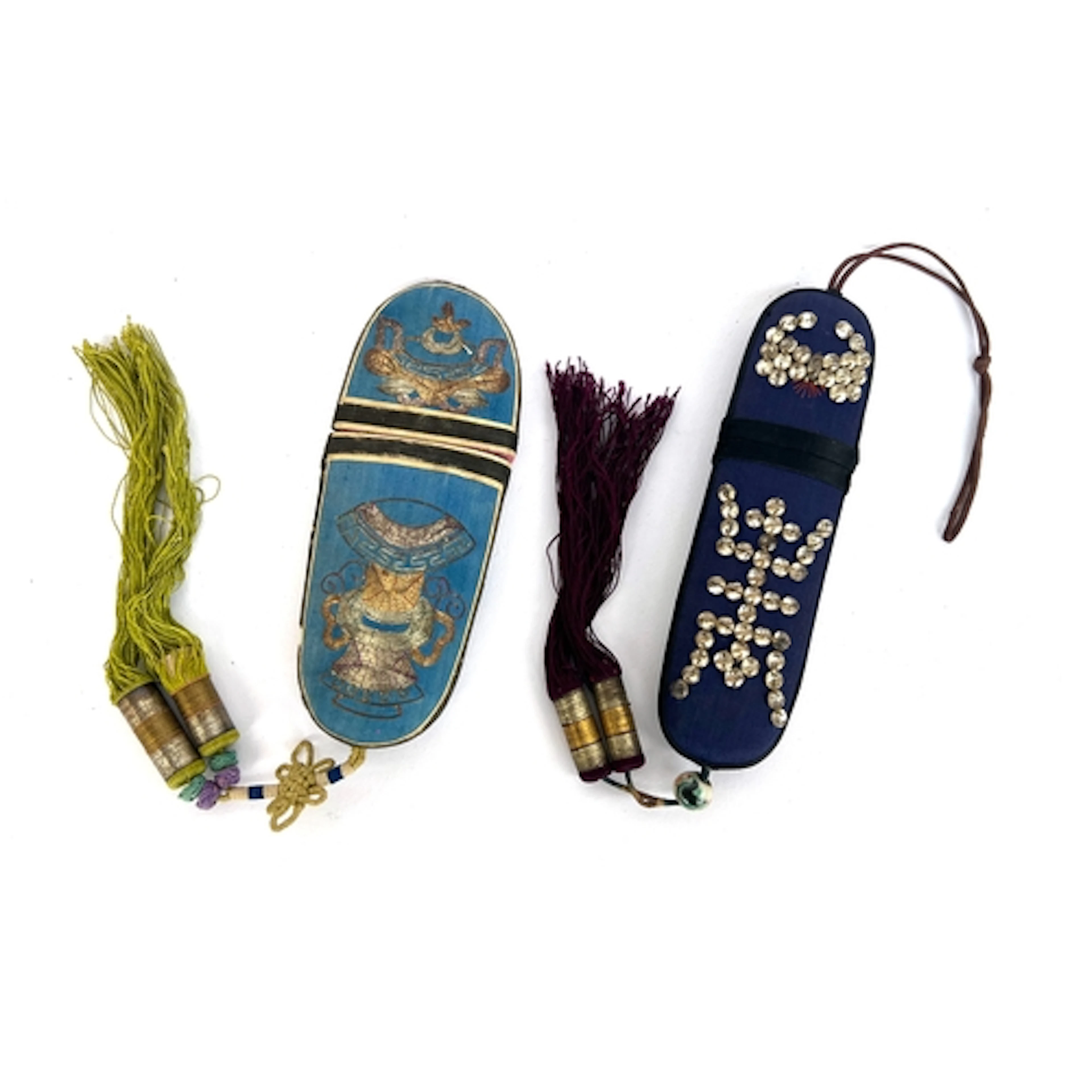 Two antique Chinese embroidered silk glasses cases, one depi...