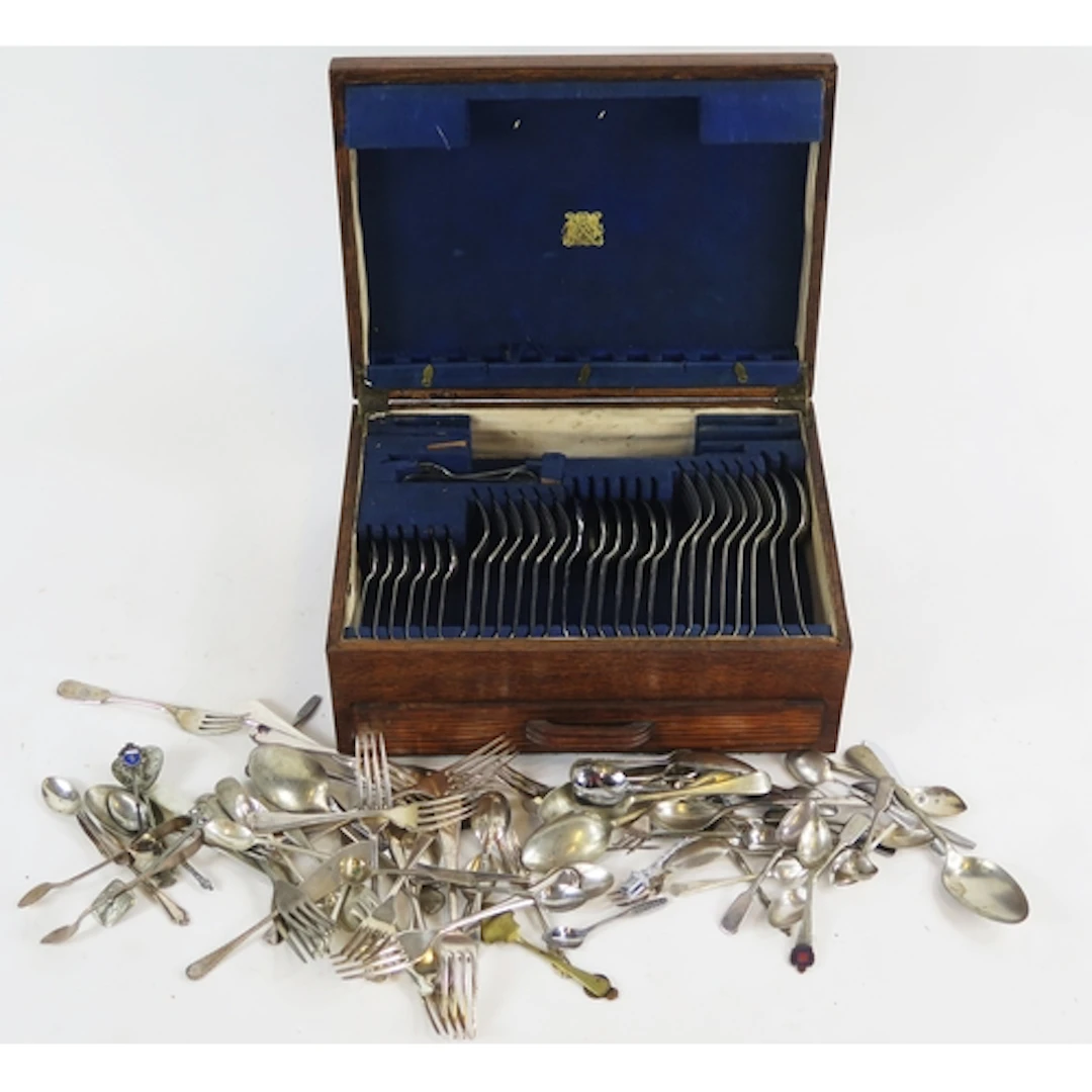 A silver plated Hanoverian pattern flatware service containe...