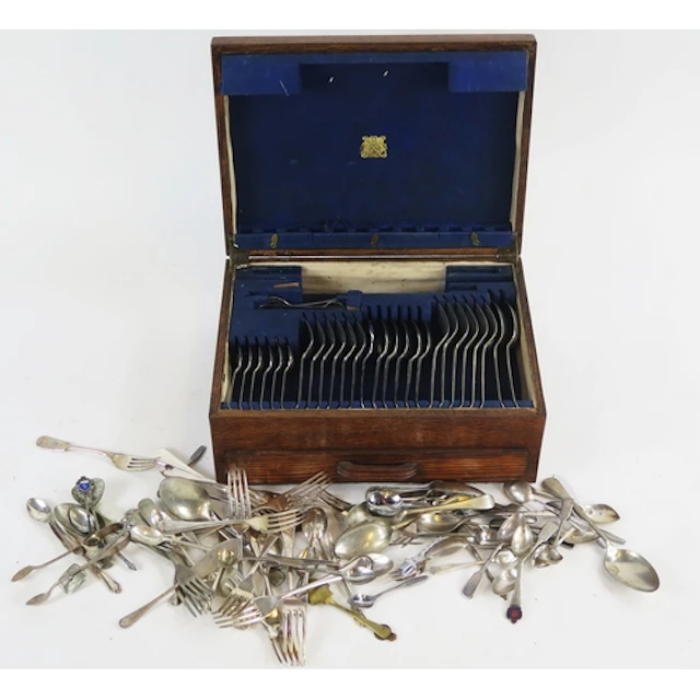 A silver plated Hanoverian pattern flatware service containe...