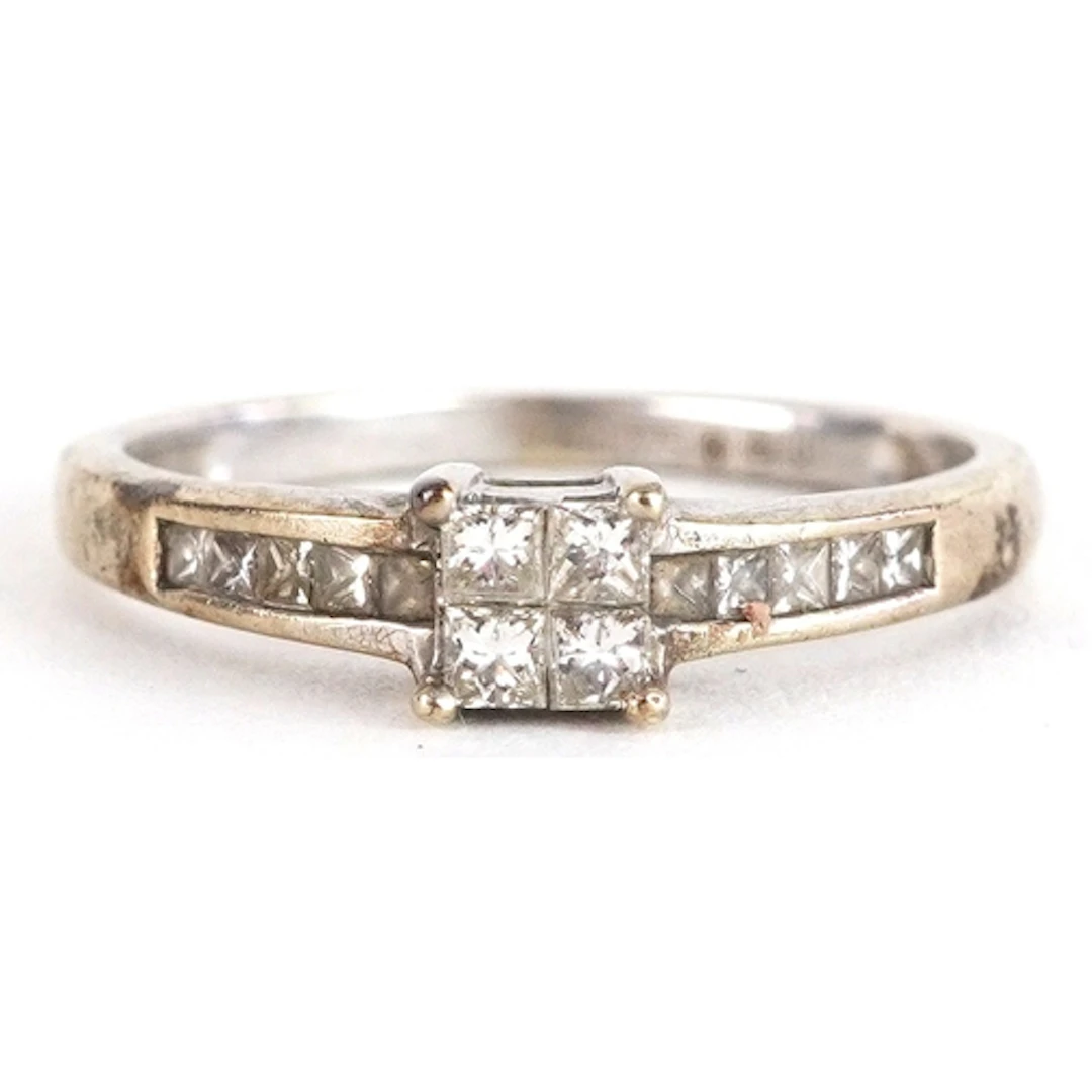 9ct white gold princess cut diamond cluster ring with diamon...