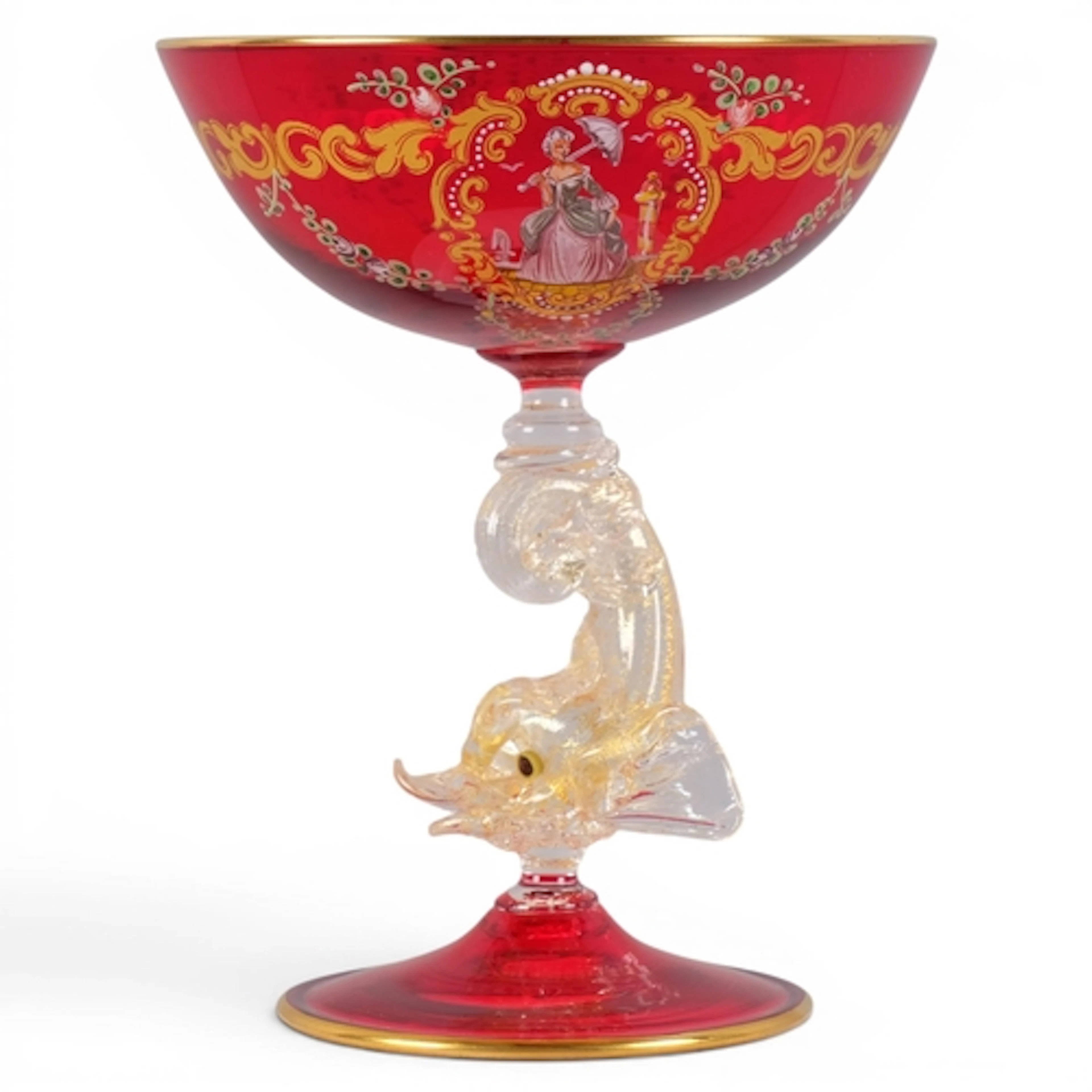 A mid-century Murano Dolphin stem bowl or coupe glass, with ...