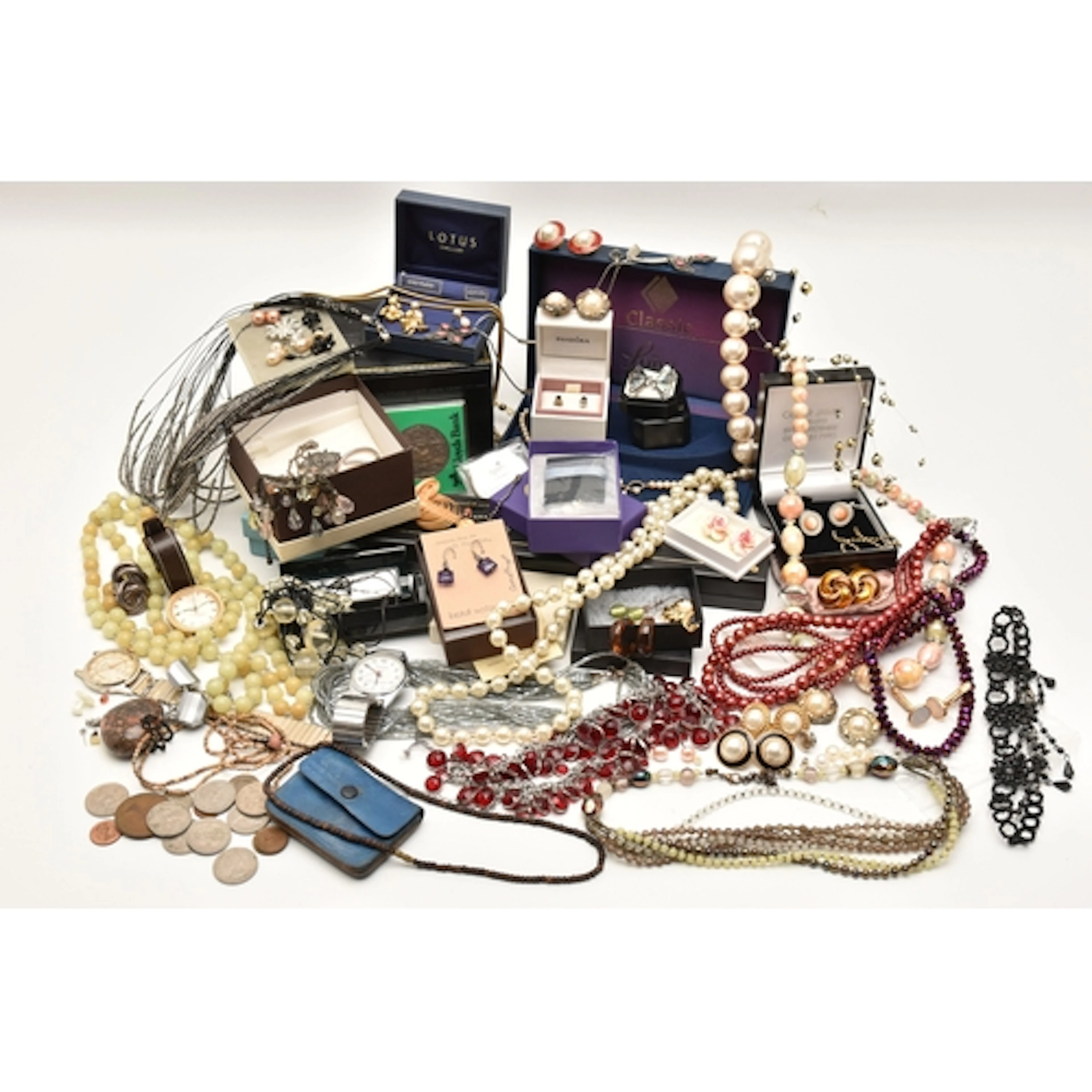 A BOX OF WHITE METAL AND COSTUME JEWELLERY/WATCHES ETC, to i...