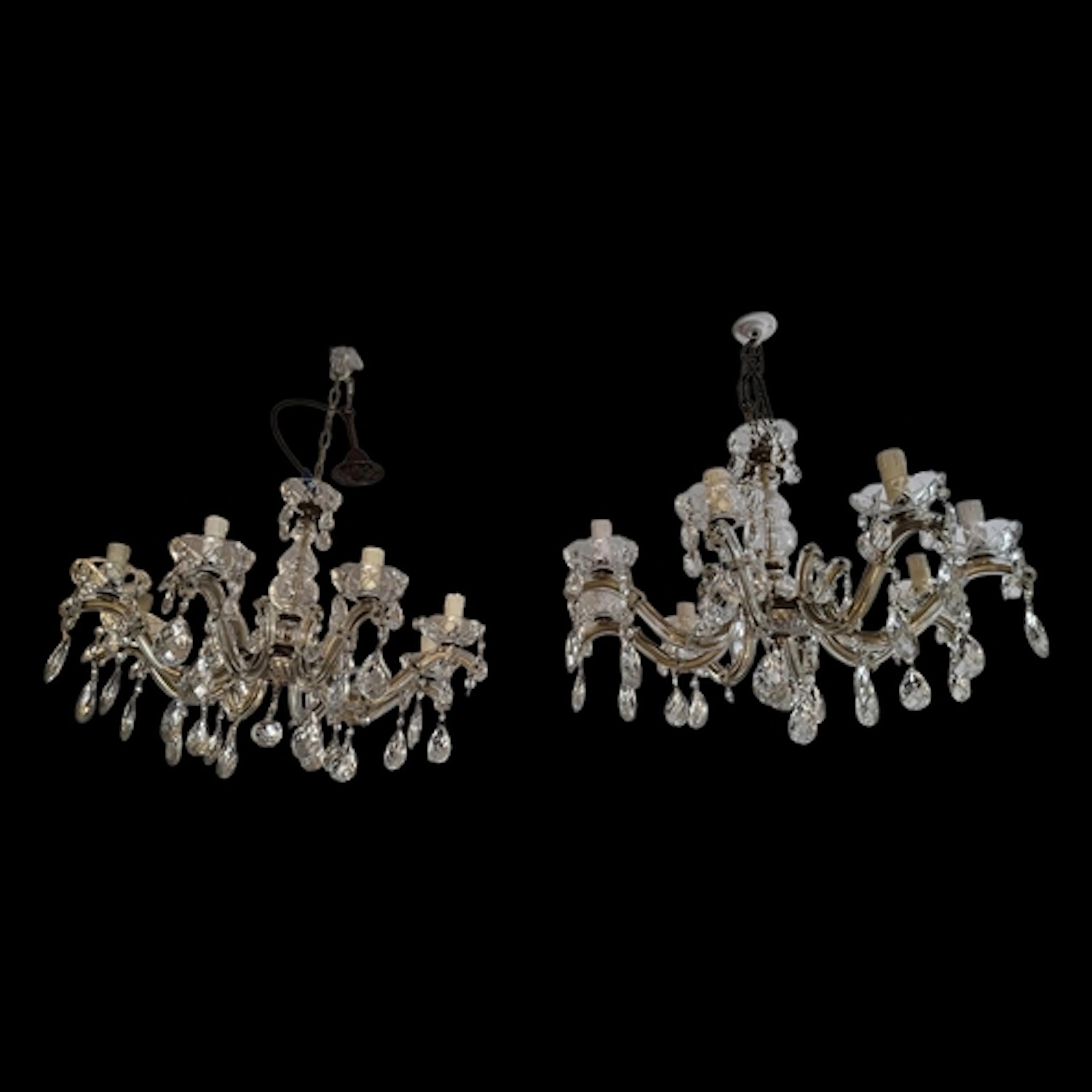 A PAIR OF VINTAGE GLASS AND BRASS CHANDELIERS Eight branch a...