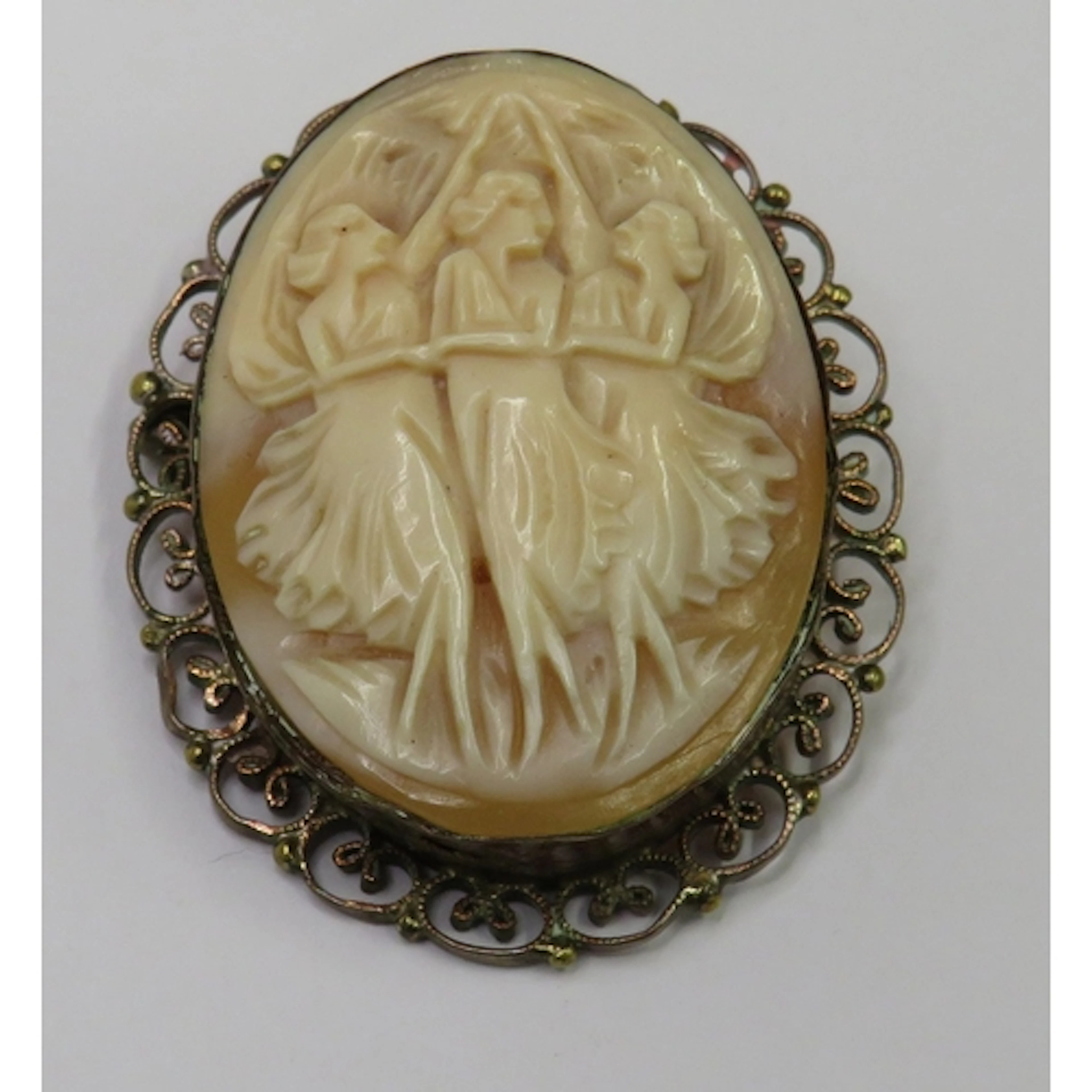 Antique Shell Cameo Brooch/Pendant, image of 3 female figure...