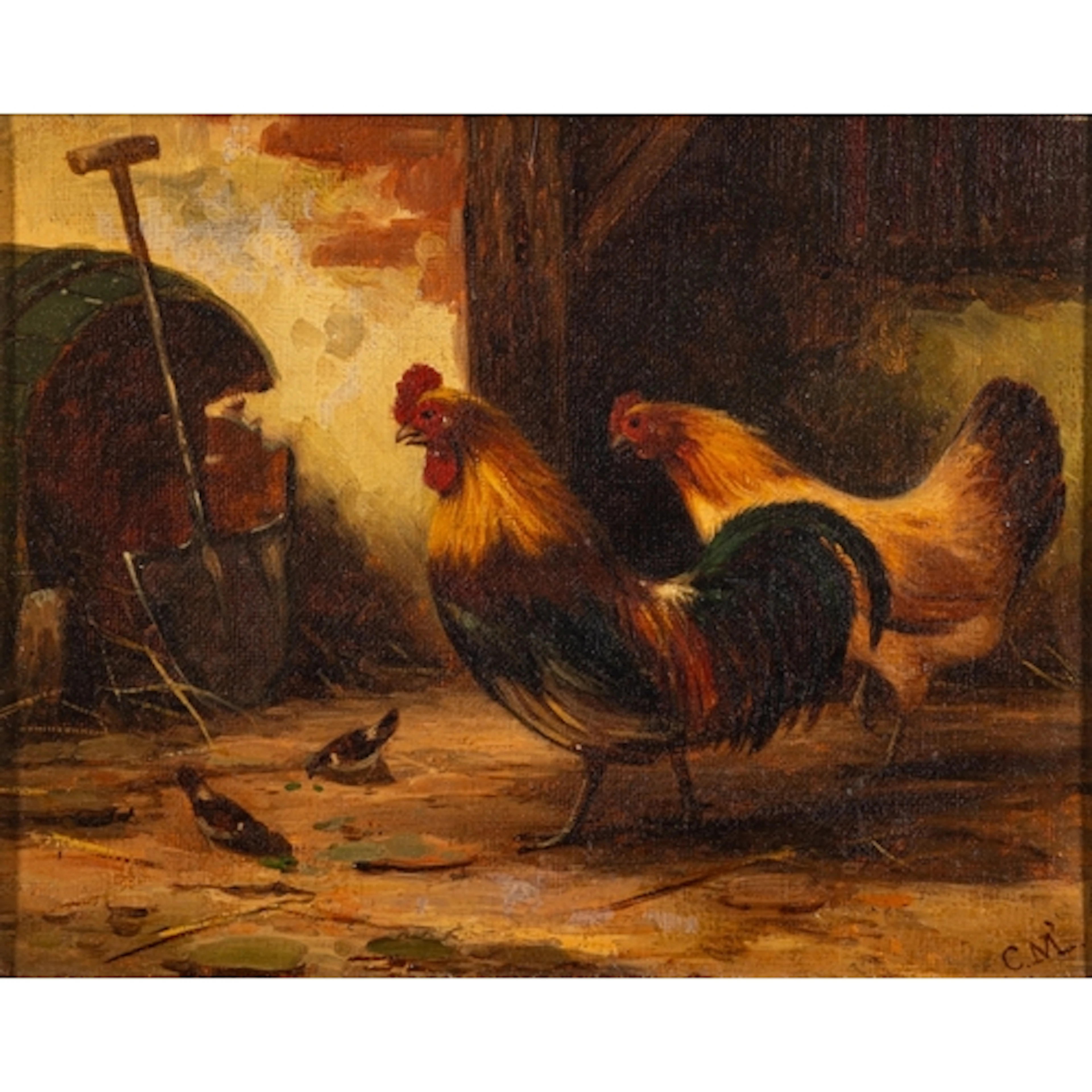 C.M (Late 19th Century school) - Chickens in a barnyard - O...