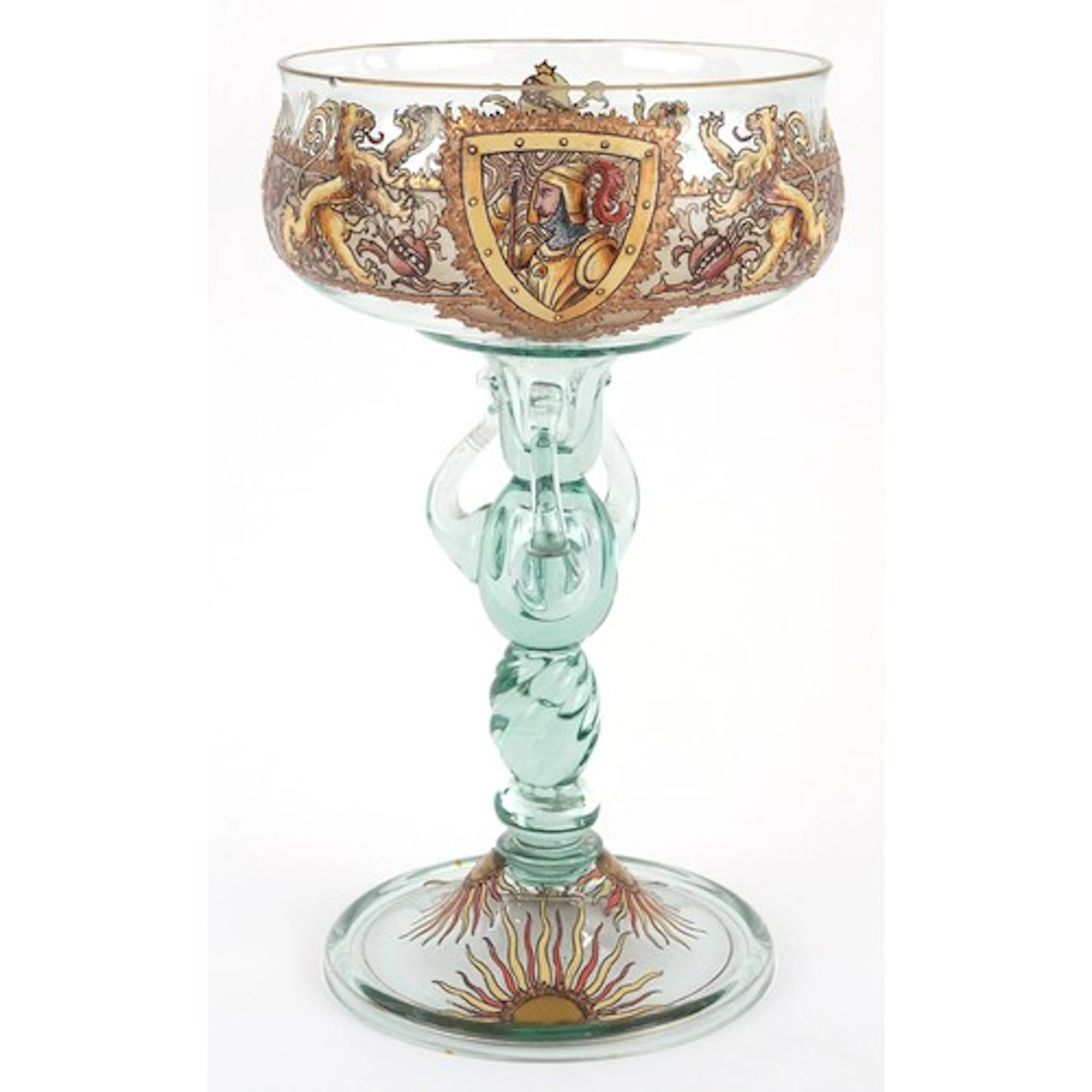 Murano Salviati, green glass pedestal goblet finely hand pai...