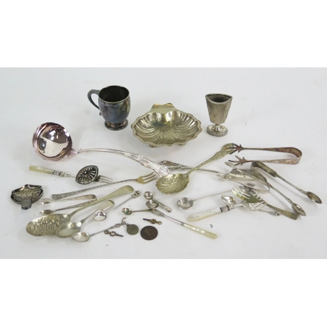 Assorted silver plated wares including berry spoons, ladle, ...