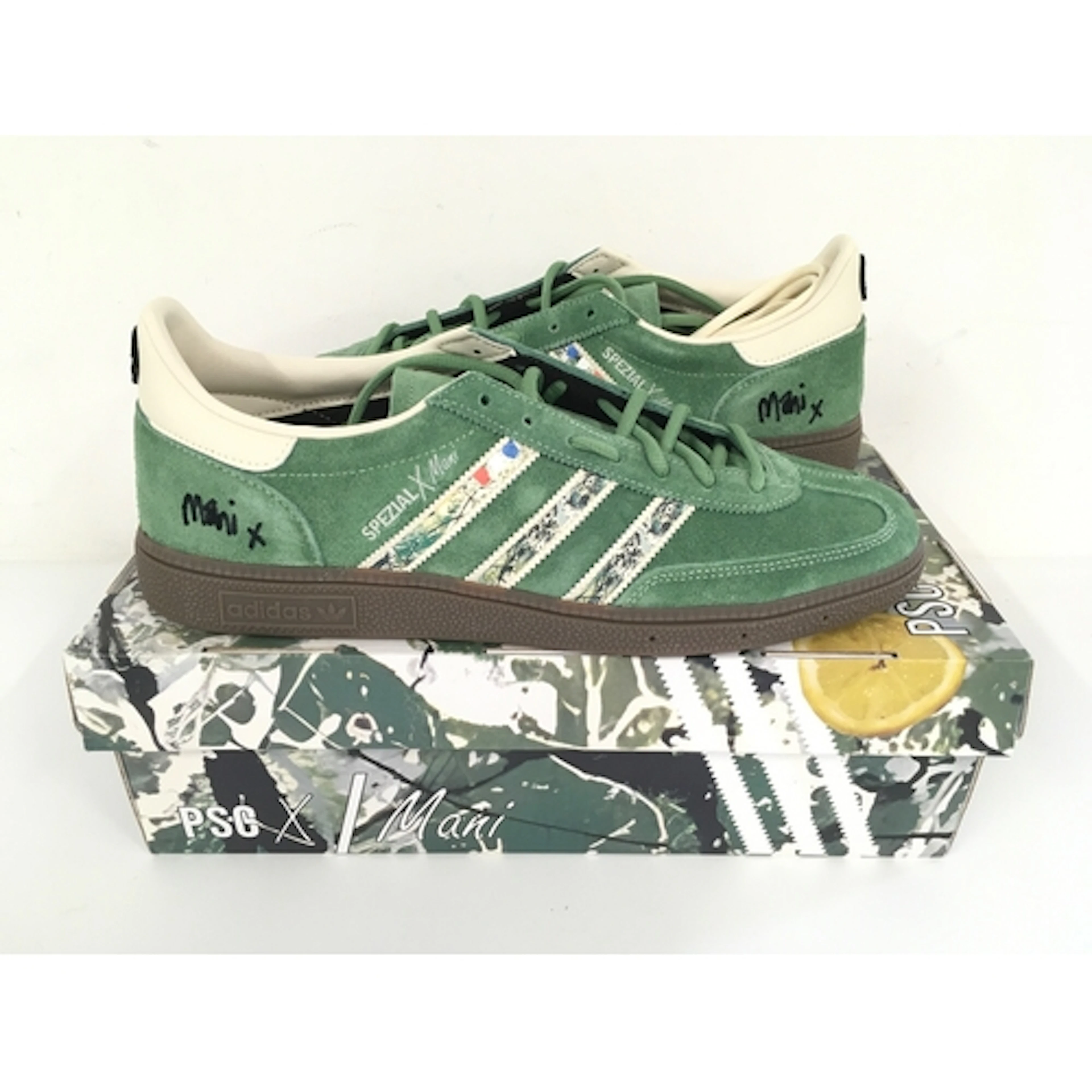 A pair of boxed and unworn Mani signed Adidas Spezial traine...