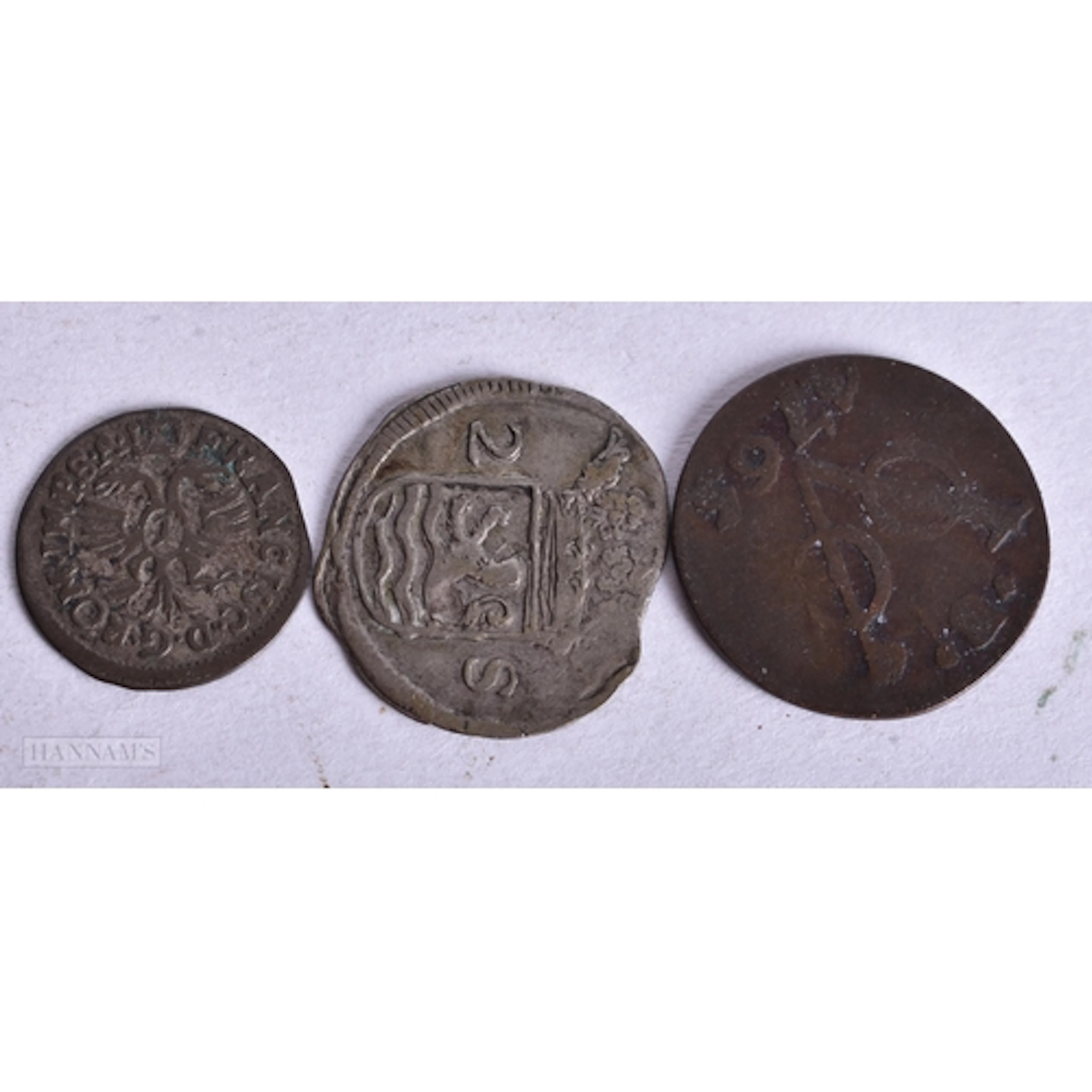 Three Old European Coins dated 1696, 1750 and 1765. Largest...