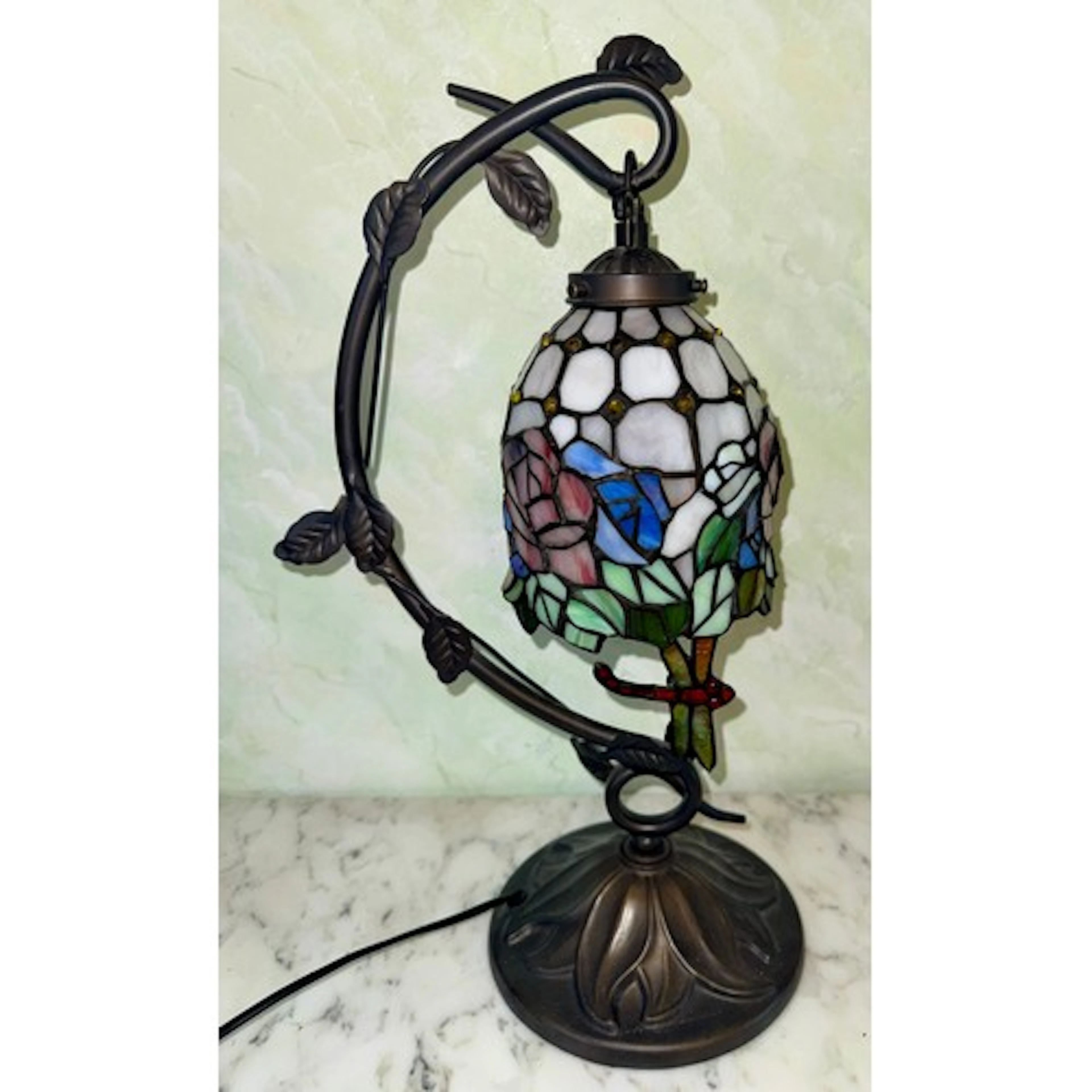 Tiffany style table lamp with glass shade and dragonfly deco...