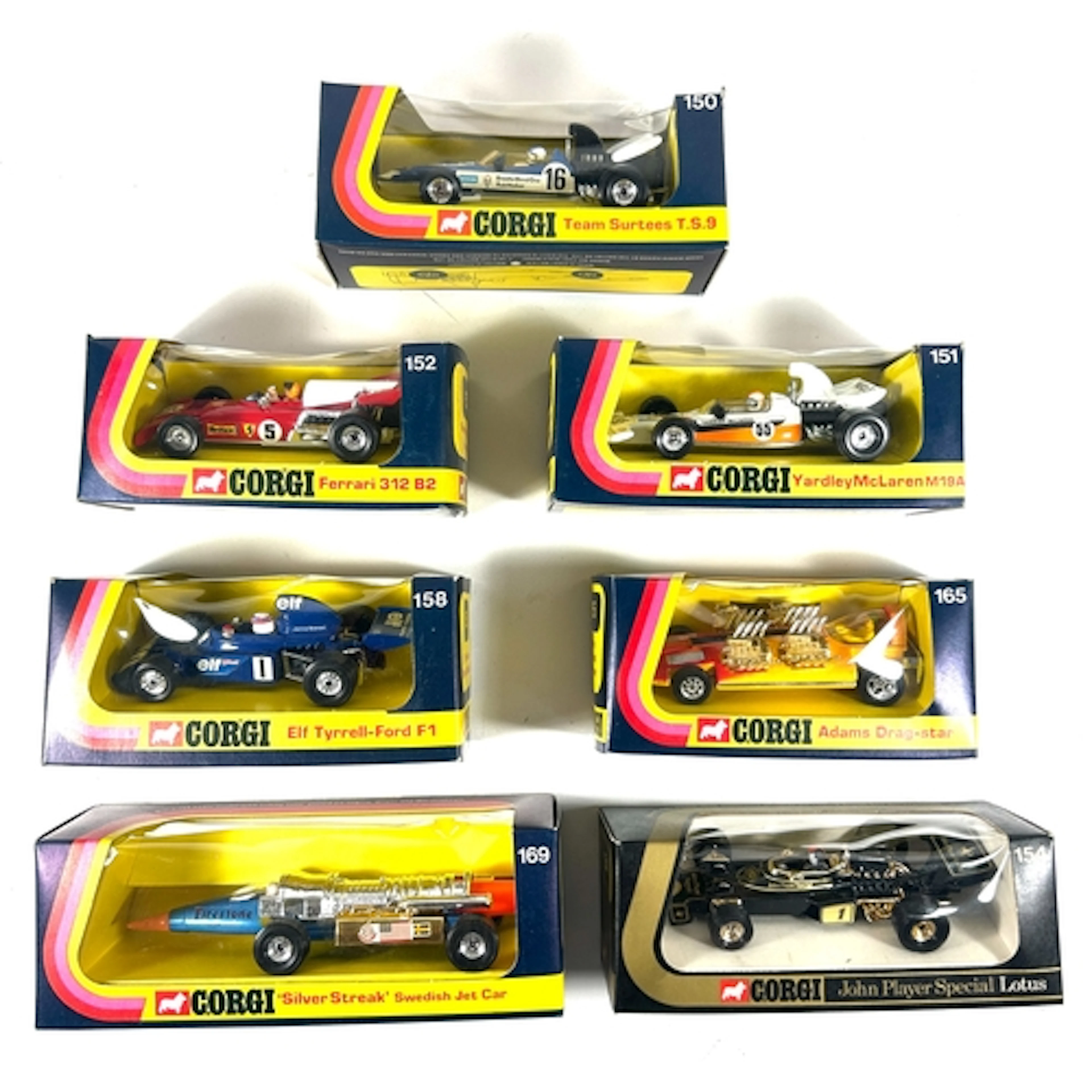 7 Corgi Racing/Track Cars. 5x F1 single seaters - Team Surte...