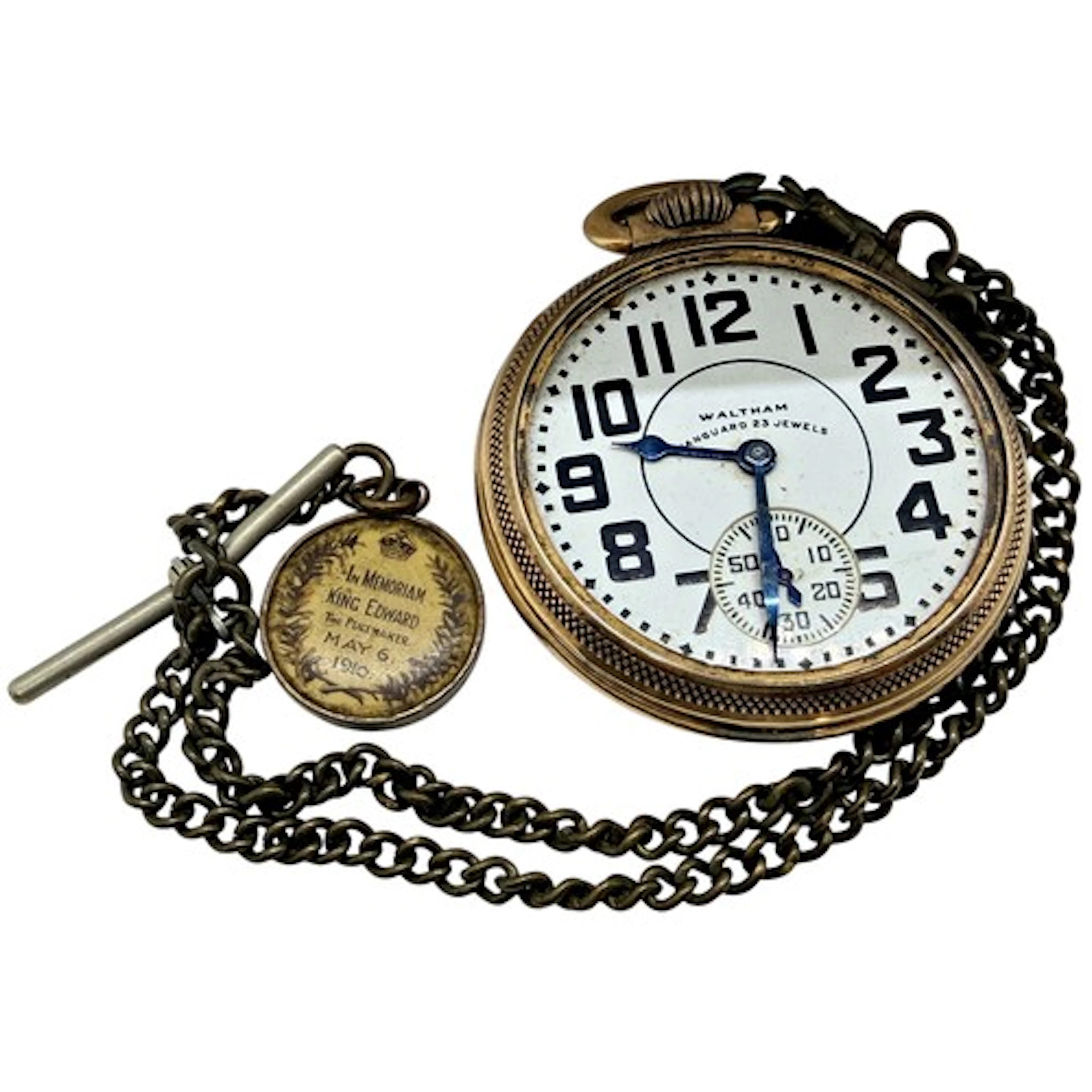 A gold-plated open-faced pocket watch, Waltham Vanguard 23 j...