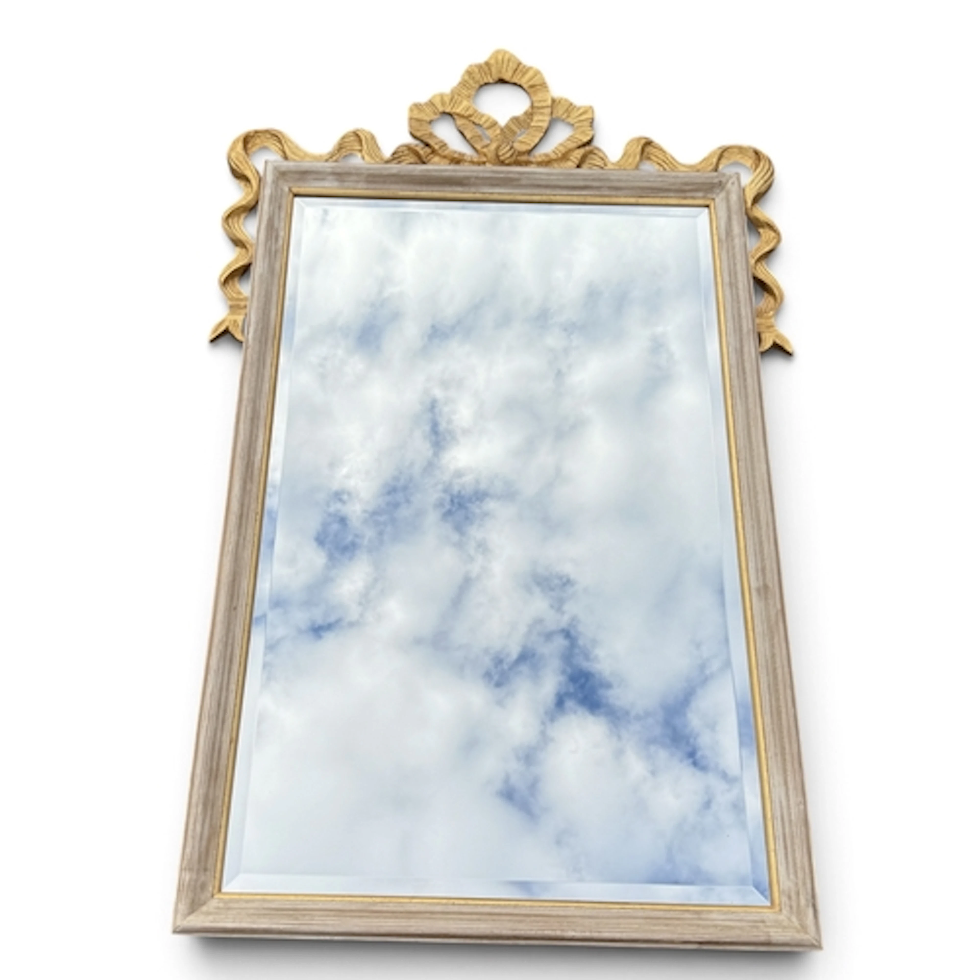 A MODERN PAINTED MOULDED FRAME WALL MIRROR WITH GILT RIBBON-...