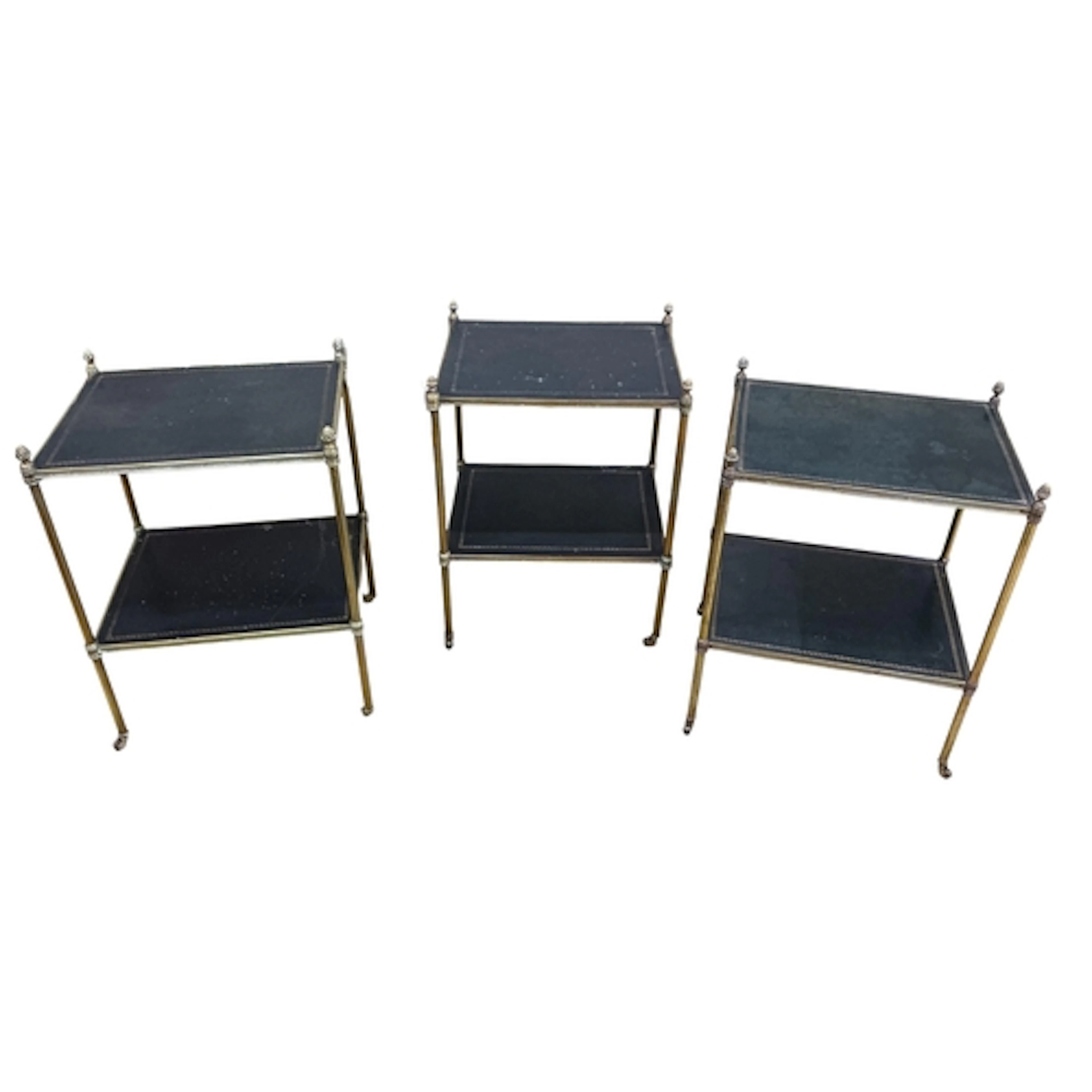 Three mid century green leather topped brass etageres, width...