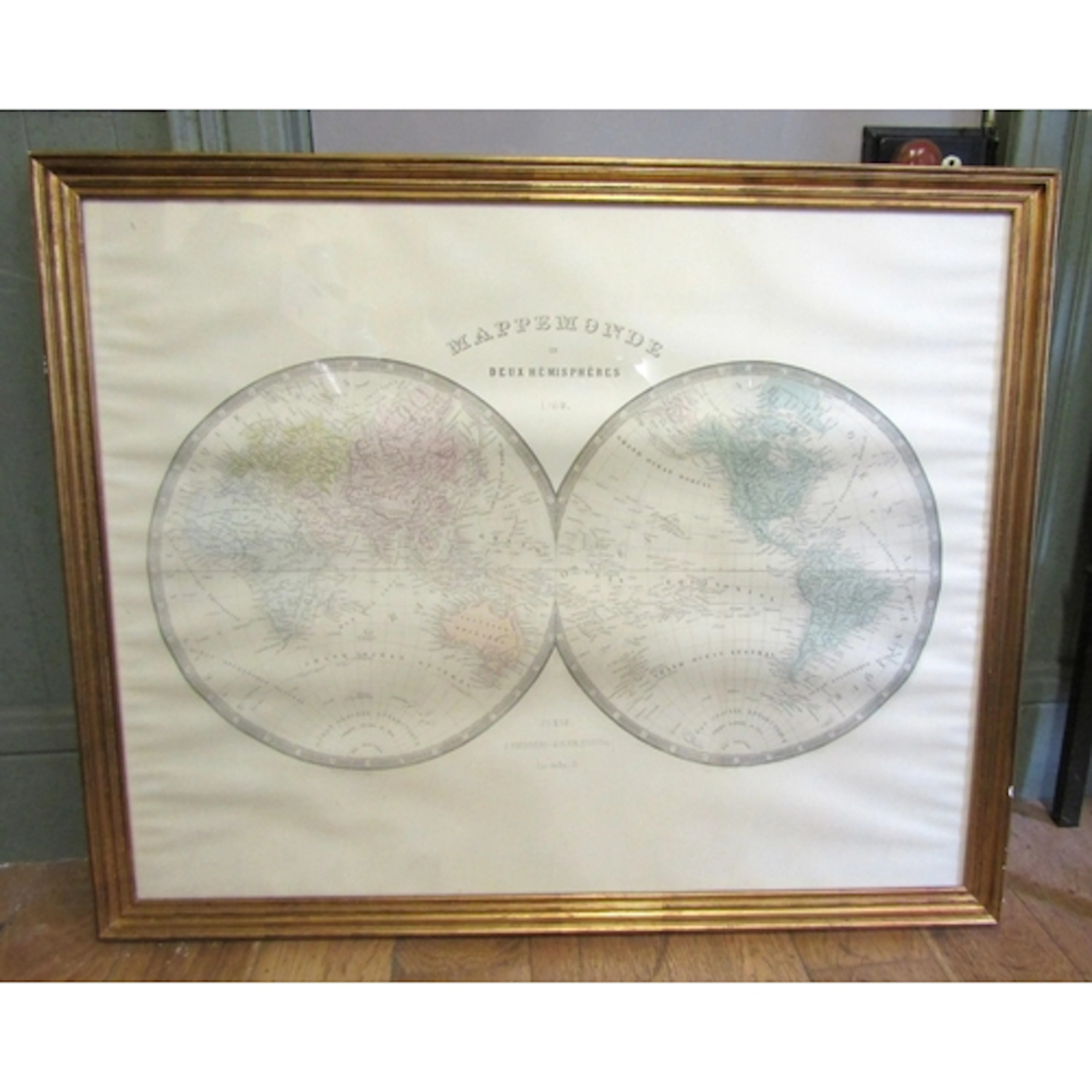 Large French Map of World Gilt Framed Approximately 3ft 6 In...